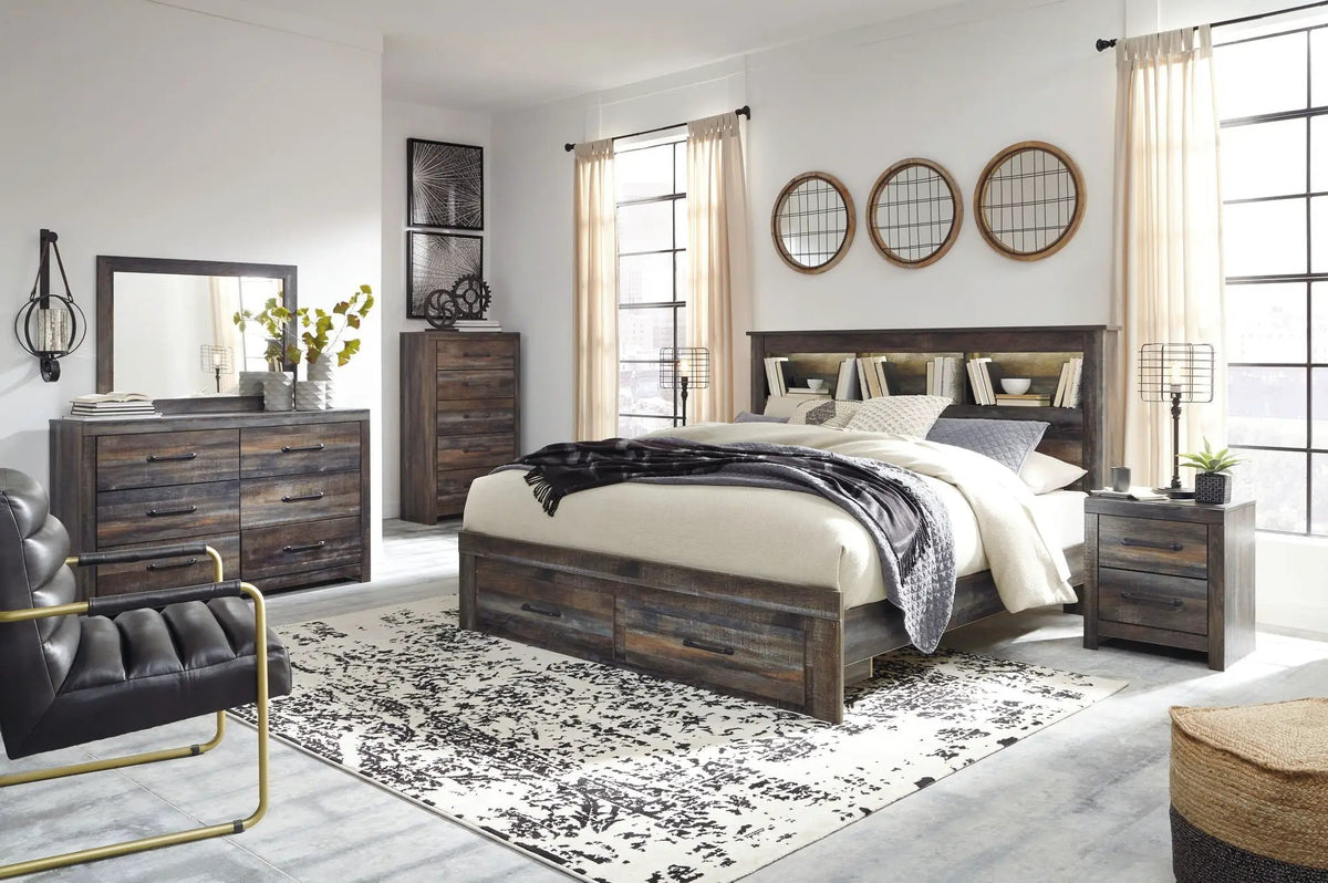 Drystan Panel Bookcase Bed | Storage Headboard | Rustic Industrial Style | 85 Inch Length