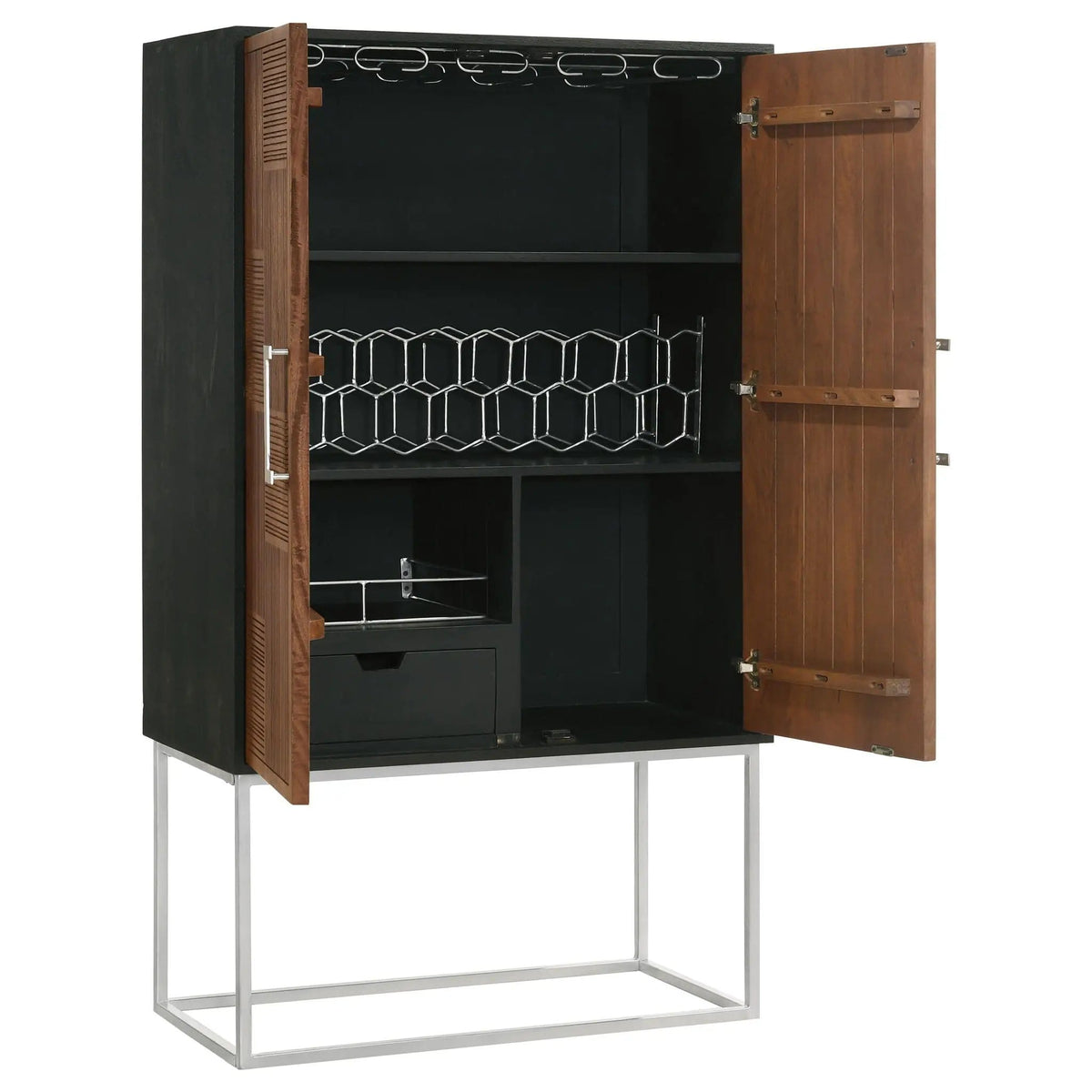 Borman 2-door Home Bar Cabinet Wine Storage Walnut and | 36 x 18 x 63.5 in | Mango Wood & Walnut | Black