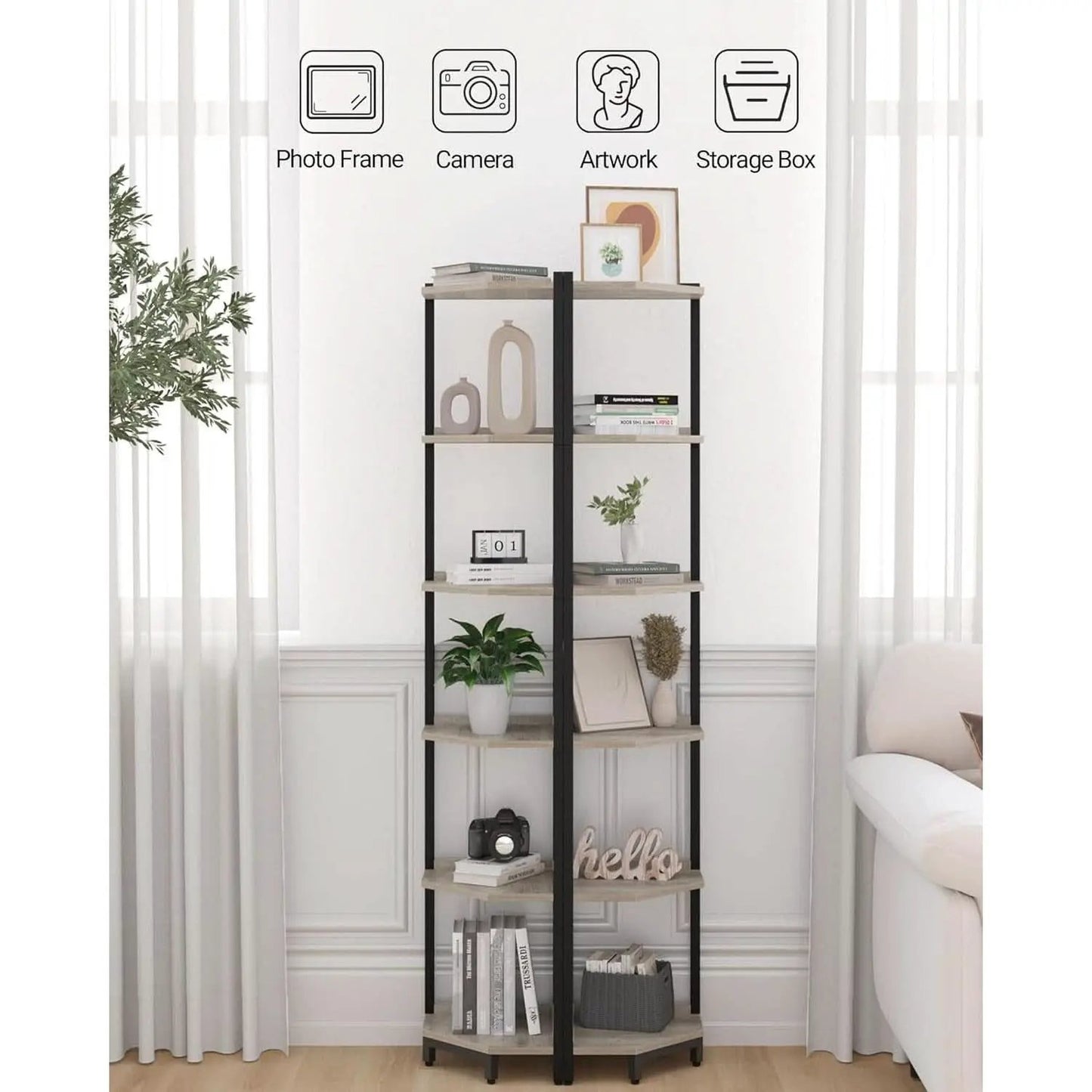 6-Tier Greige Corner Shelf Stand For Living Room And Office from PriceLows™