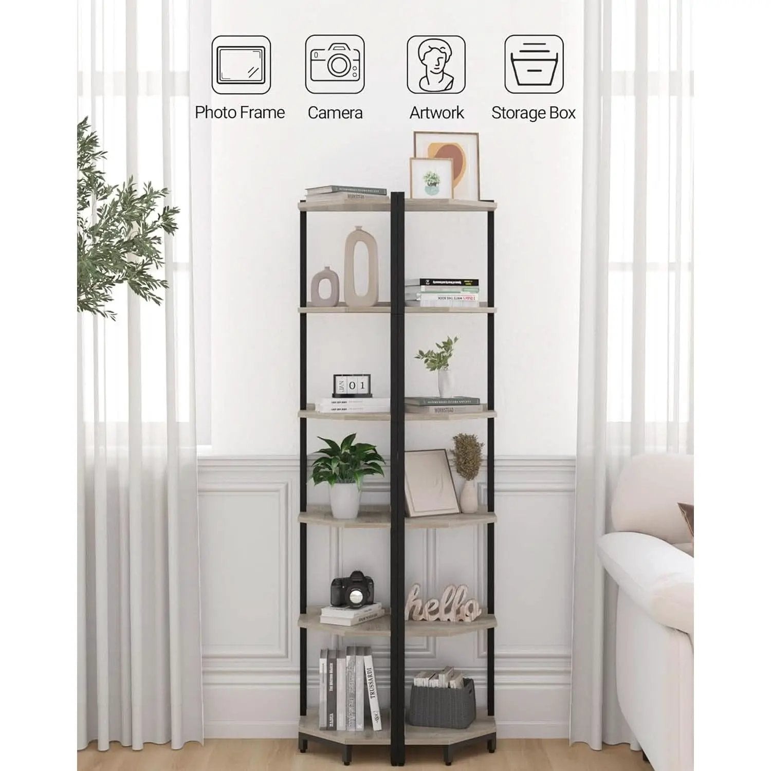6-Tier Greige Corner Shelf Stand For Living Room And Office from PriceLows™