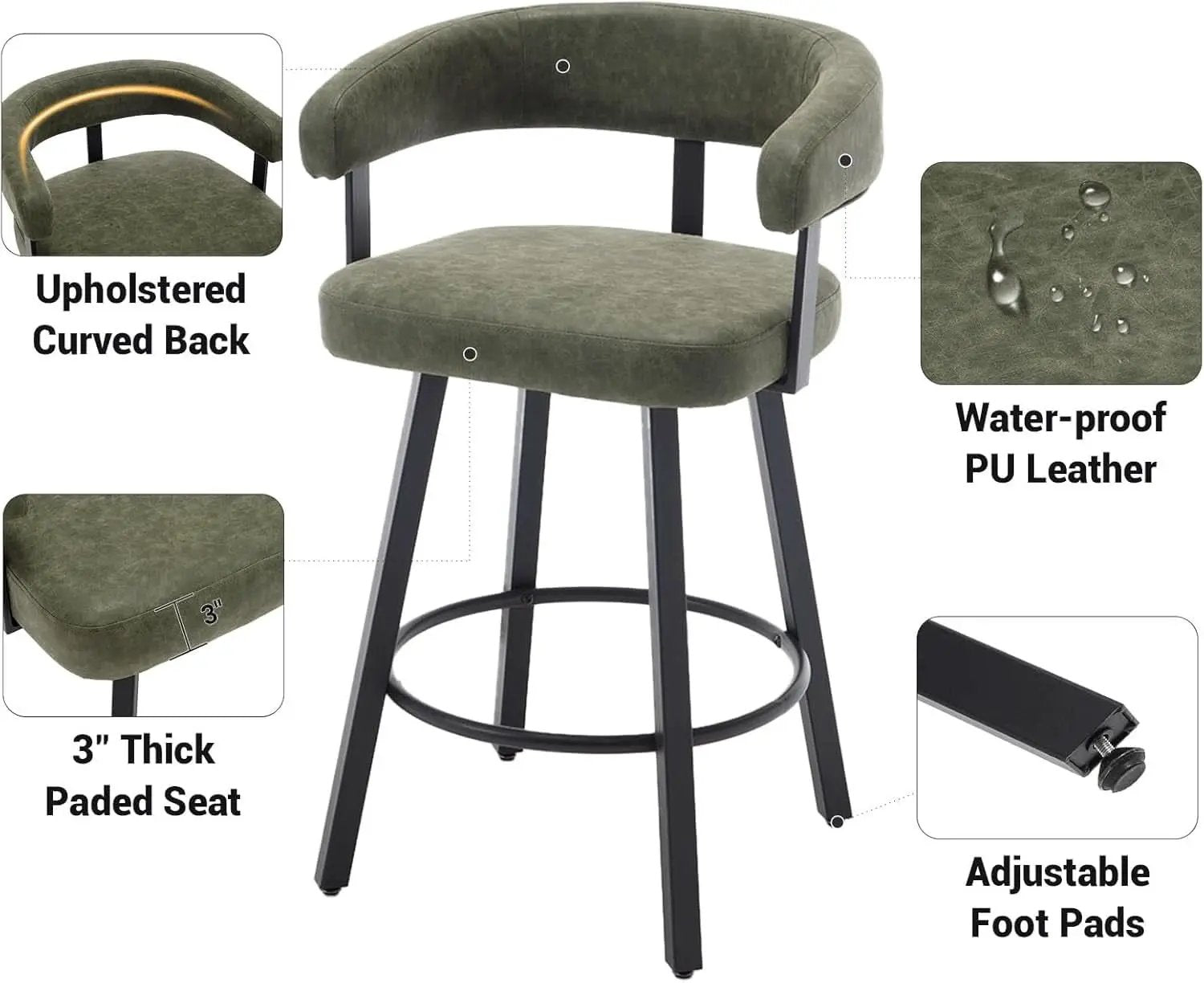 Green Leather Counter Height Bar Stools Set Of 4 With Backs 25 Inch from PriceLows™