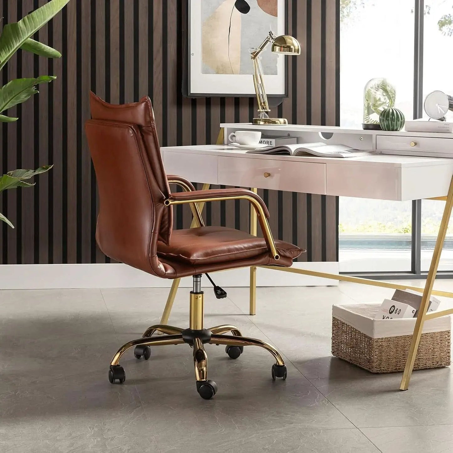 Faux Leather Home Office Desk Chair Adjustable Height Brown from PriceLows™