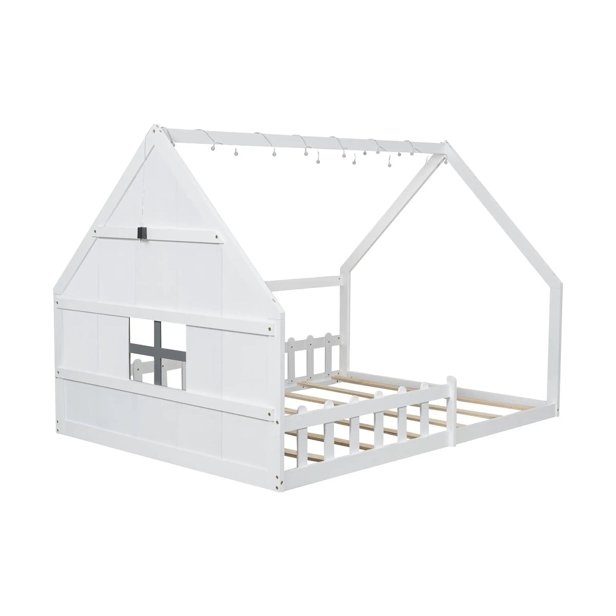 Platform House Bed | Window And Fence Design | Solid Pine Wood | Built-In LED Light