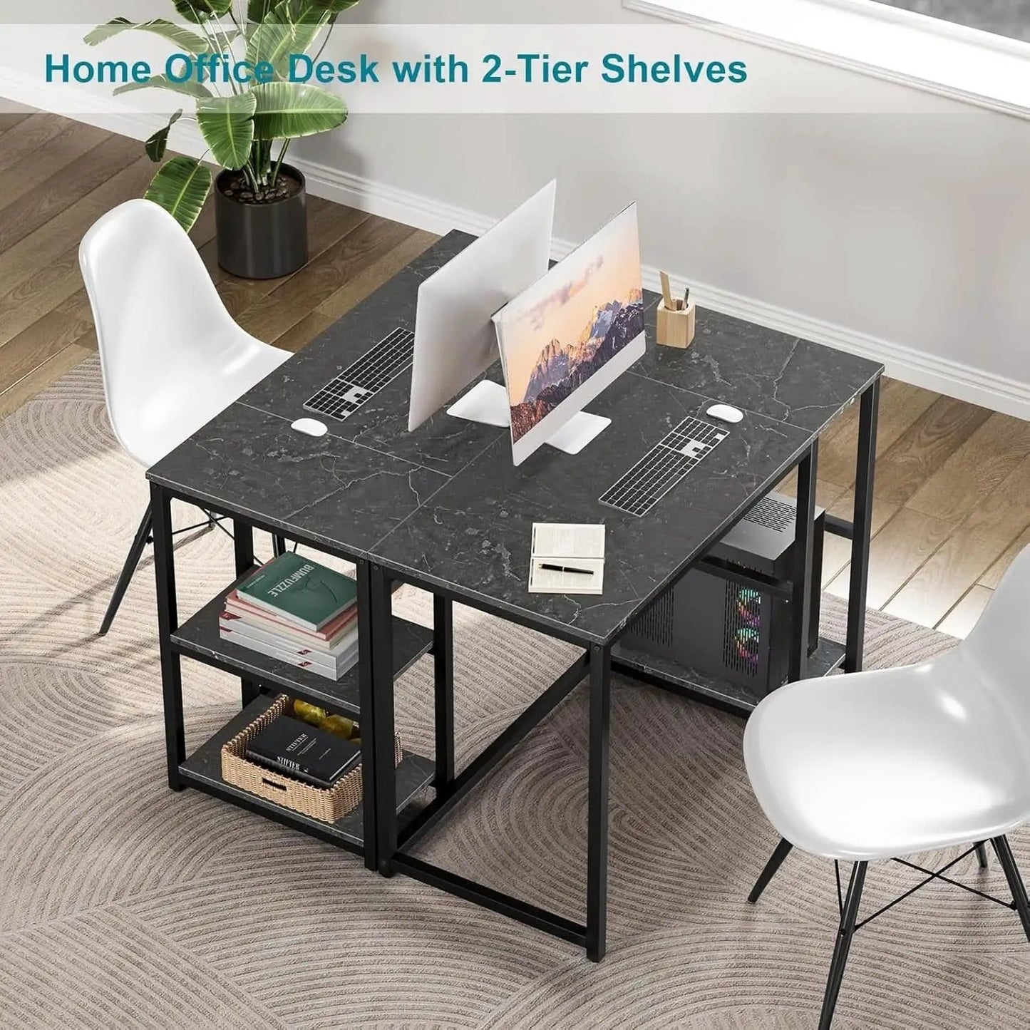 40 Inch Computer Desk With Two Tier Shelves Black Marbling from PriceLows™