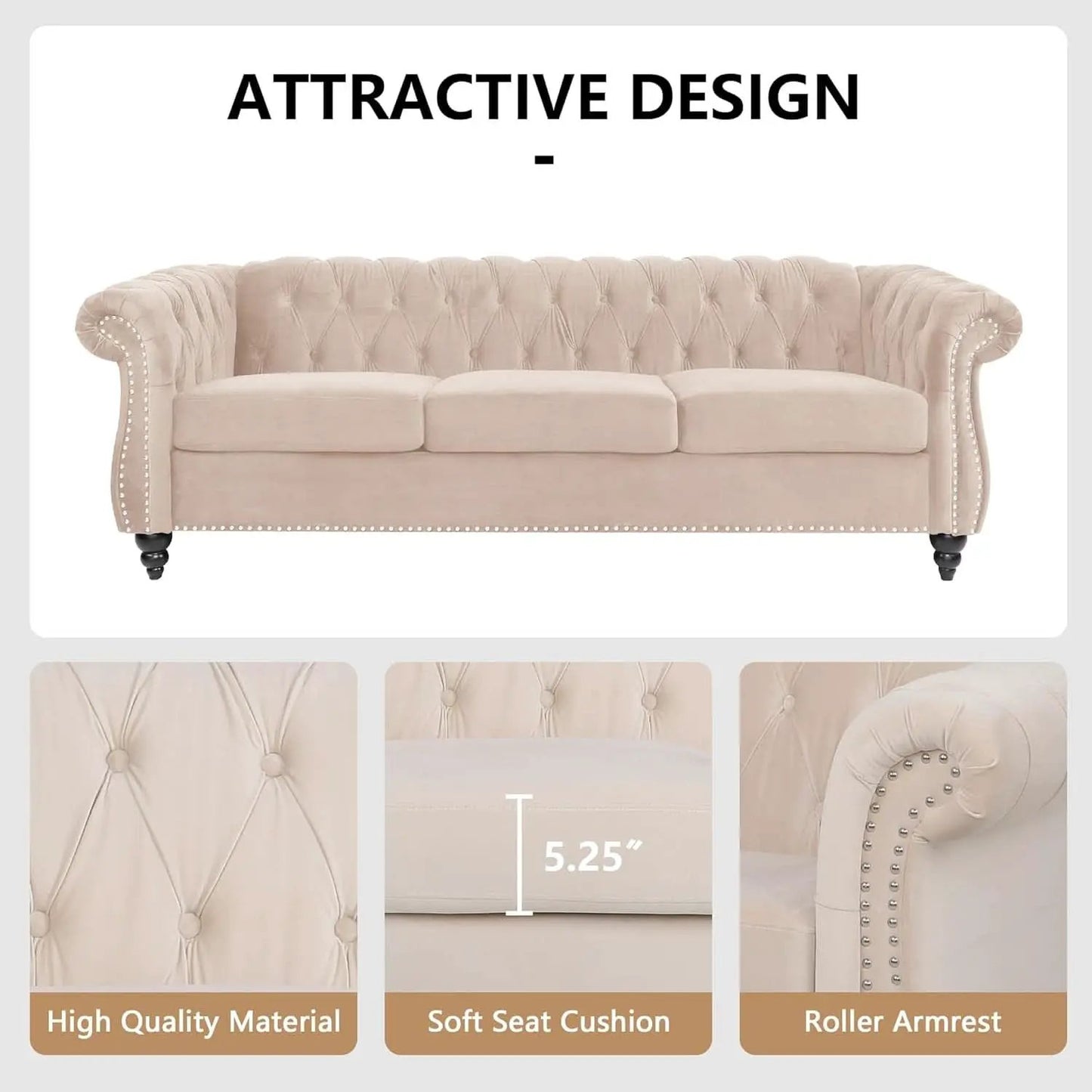 Beige Velvet 3 Piece Living Room Set With Chesterfield Sectional Sofa And Loveseat from PriceLows™
