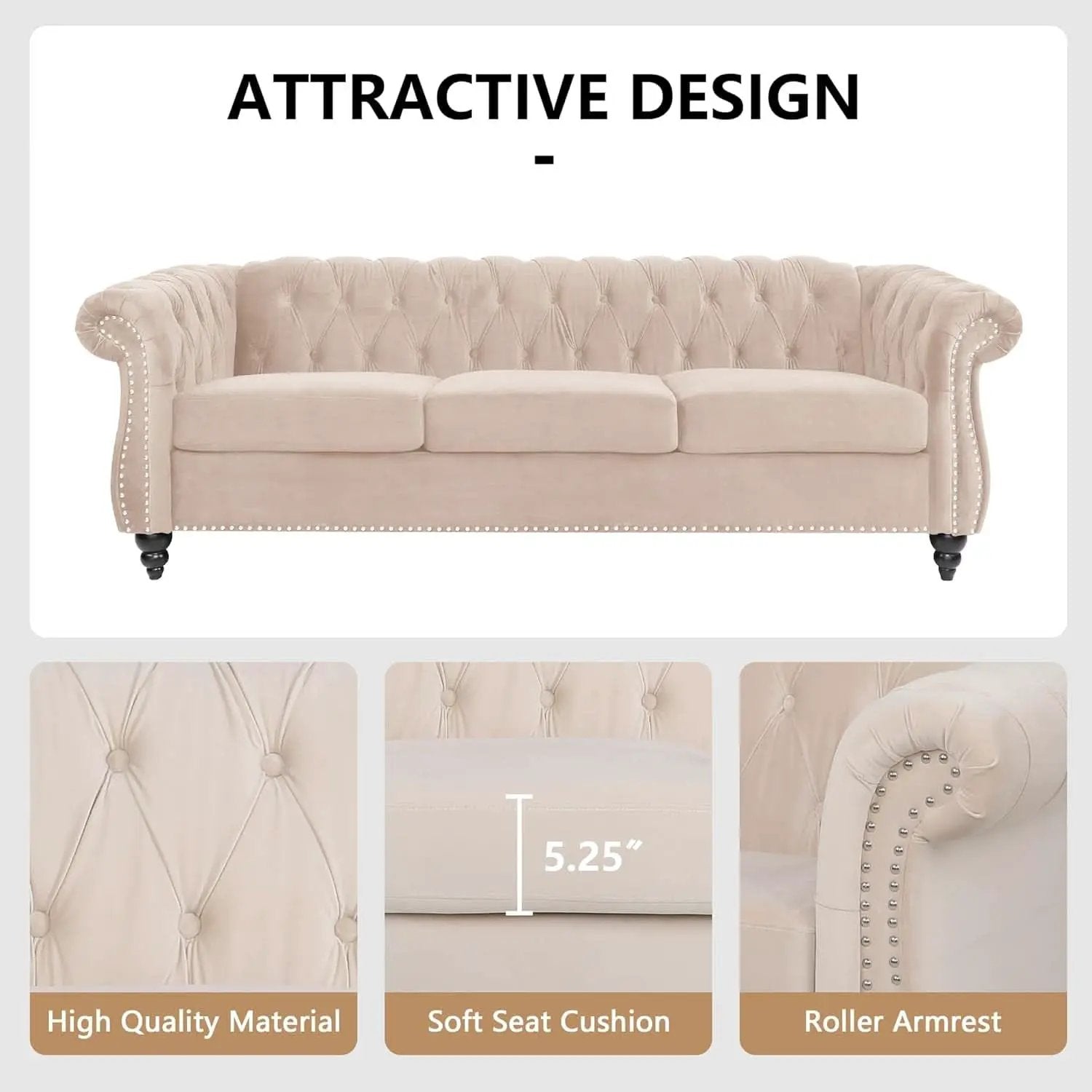 Beige Velvet 3 Piece Living Room Set With Chesterfield Sectional Sofa And Loveseat from PriceLows™