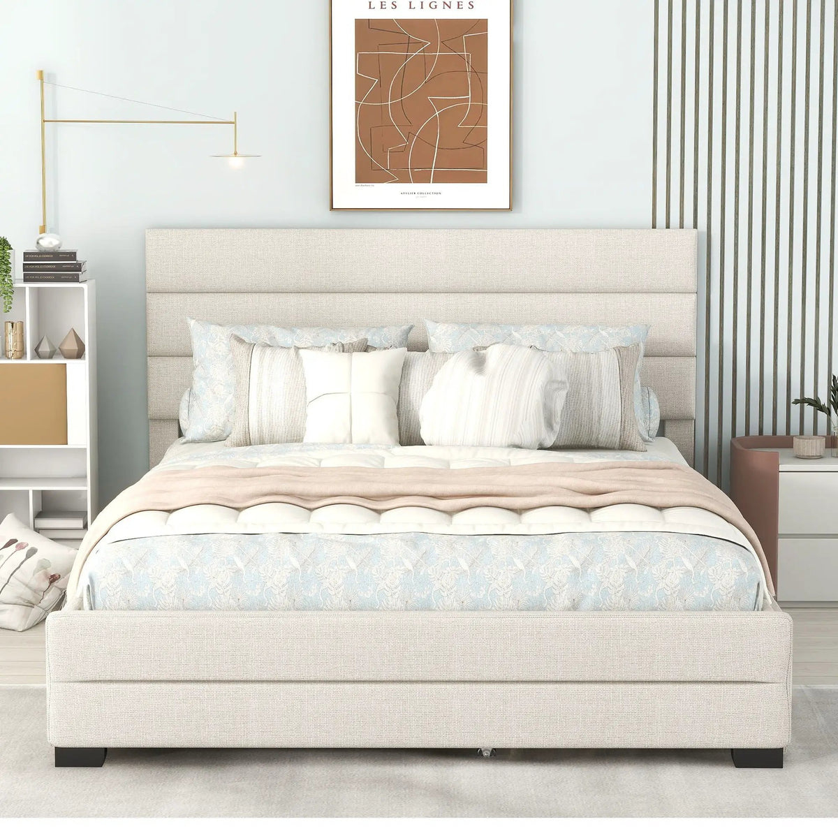 Queen Platform Bed | Twin Trundle | 2 Storage Drawers | Beige