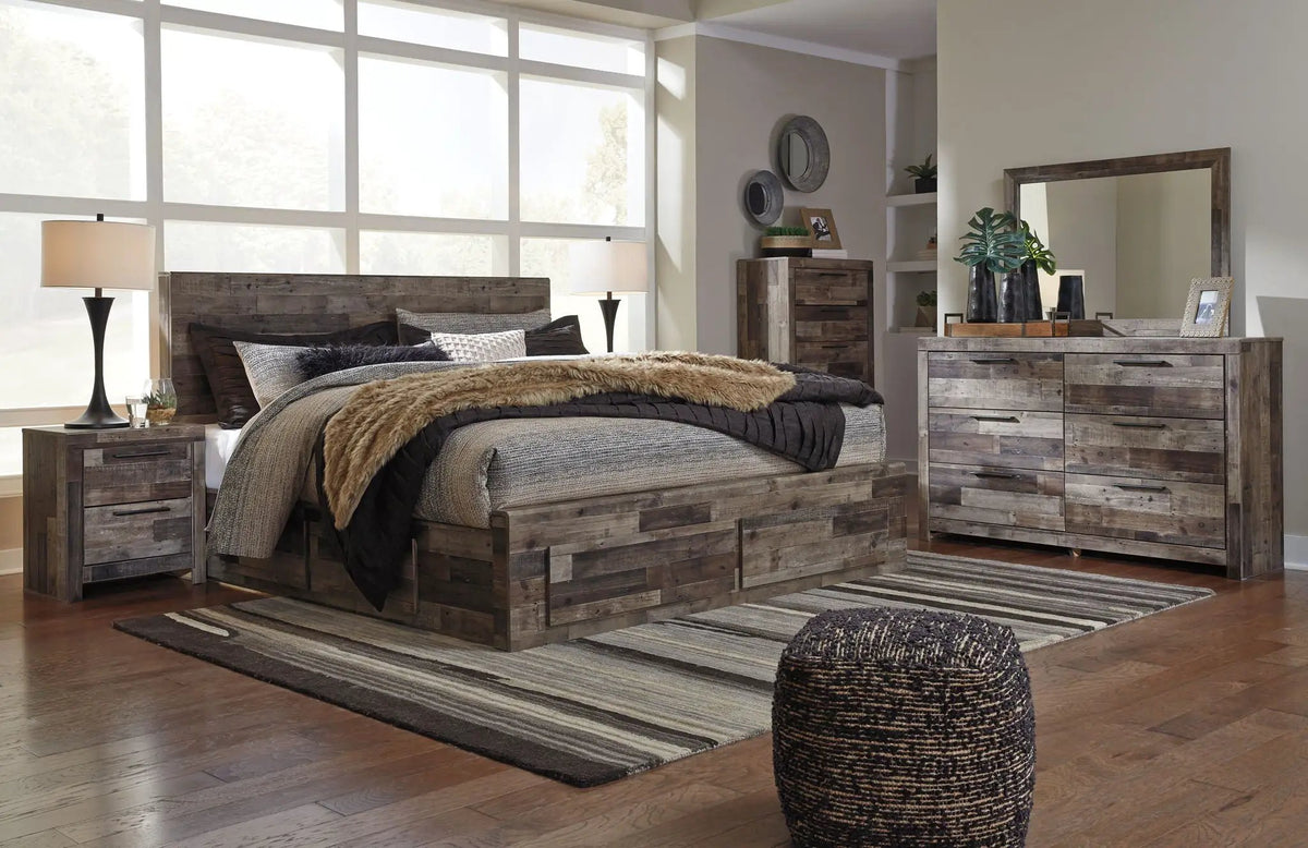 Derekson Panel Bedroom Set | 4-Piece | Rustic Butcher Block Finish | Replicated Pine Grain