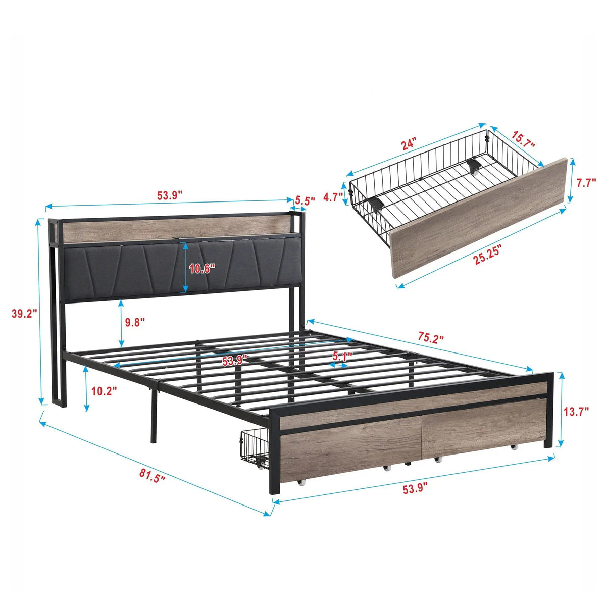 Modern Storage Bed Frame | LED Lights With Remote | Upholstered Headboard | USB Charging Station