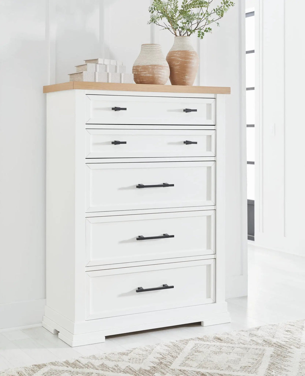 Five Drawer Chest | White Finish | Oak Veneer Top | Two Tone