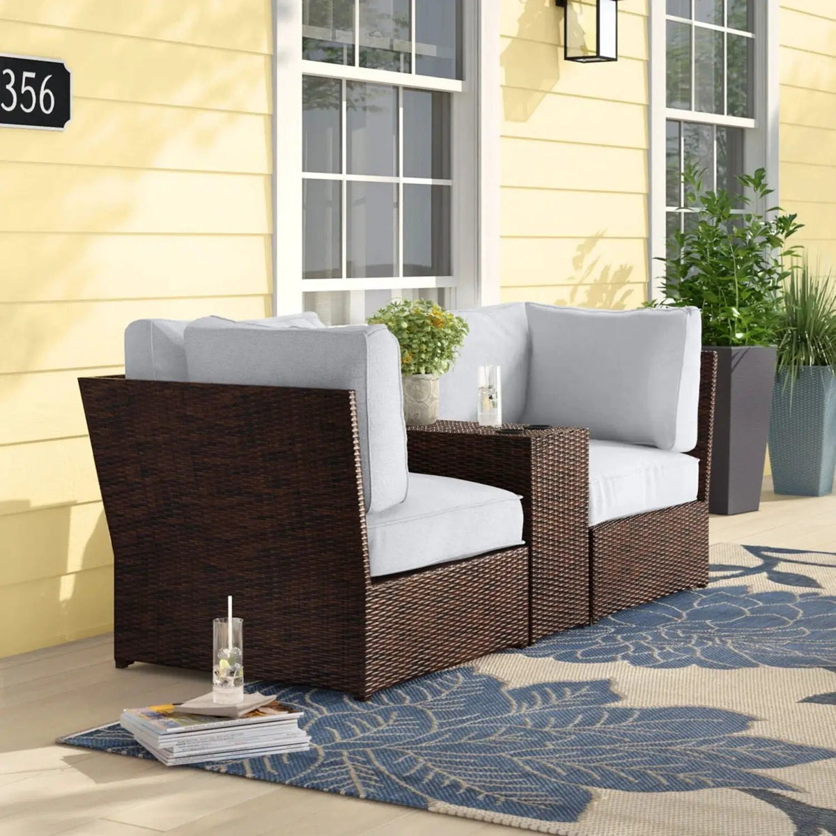 Outdoor Wicker Loveseat | 3-Piece Set | Aluminum Frame | 5 Inch Cushions