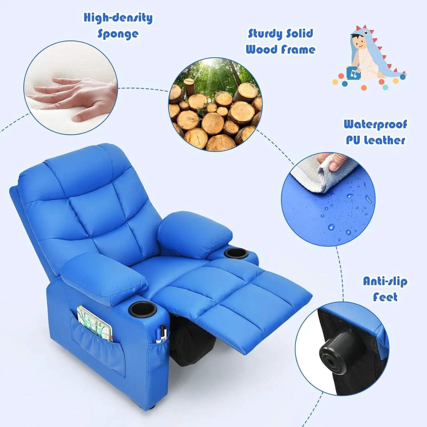 Blue Kids Recliner Chair With Cup Holder And Footrest from PriceLows™