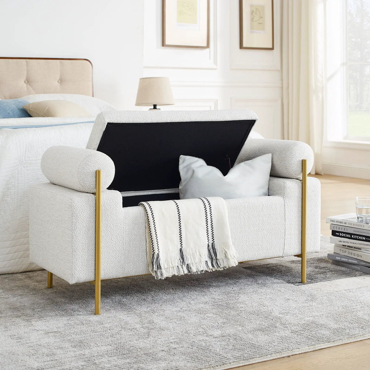Upholstered Storage Bench | Cylindrical Arms | Iron Legs