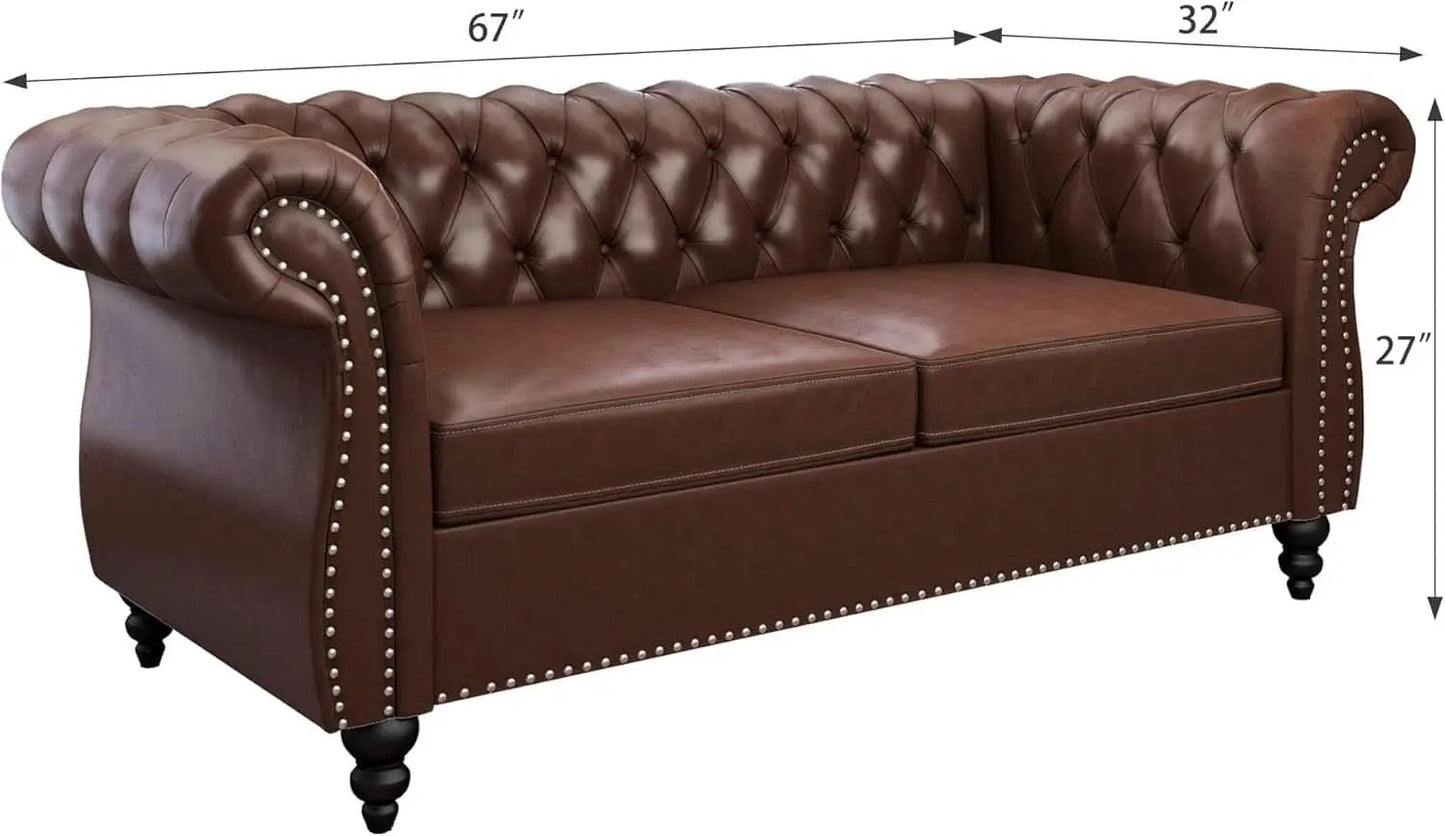 3 Piece Chesterfield Leather Living Room Set Sofa Loveseat Chair Dark Brown with Scroll Arms and Nailhead from PriceLows™
