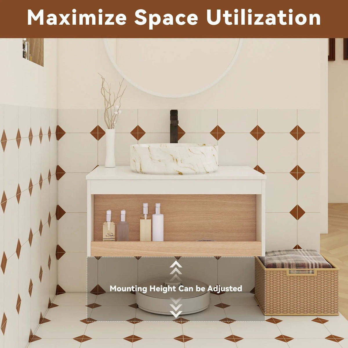 Floating Bathroom Vanity | Wall Mounted | Ceramic Vessel Sink | White