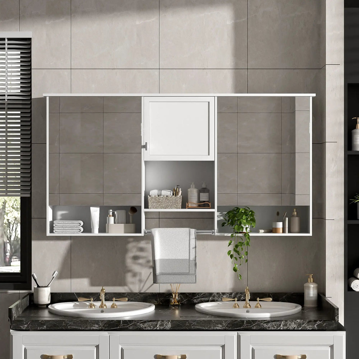 White Wall-Mount Mirror Cabinet | 55 Inch Width | 3-In-1 Design | Soft-Closing Hinges