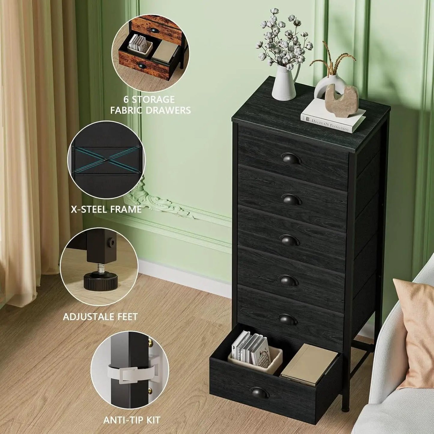 Tall Dresser With 6 Drawers Black Vertical Nightstand from PriceLows™