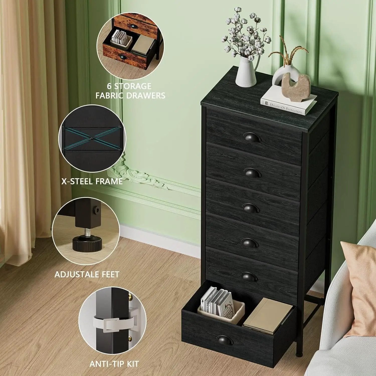 Tall Dresser With 6 Drawers Black Vertical Nightstand from PriceLows™