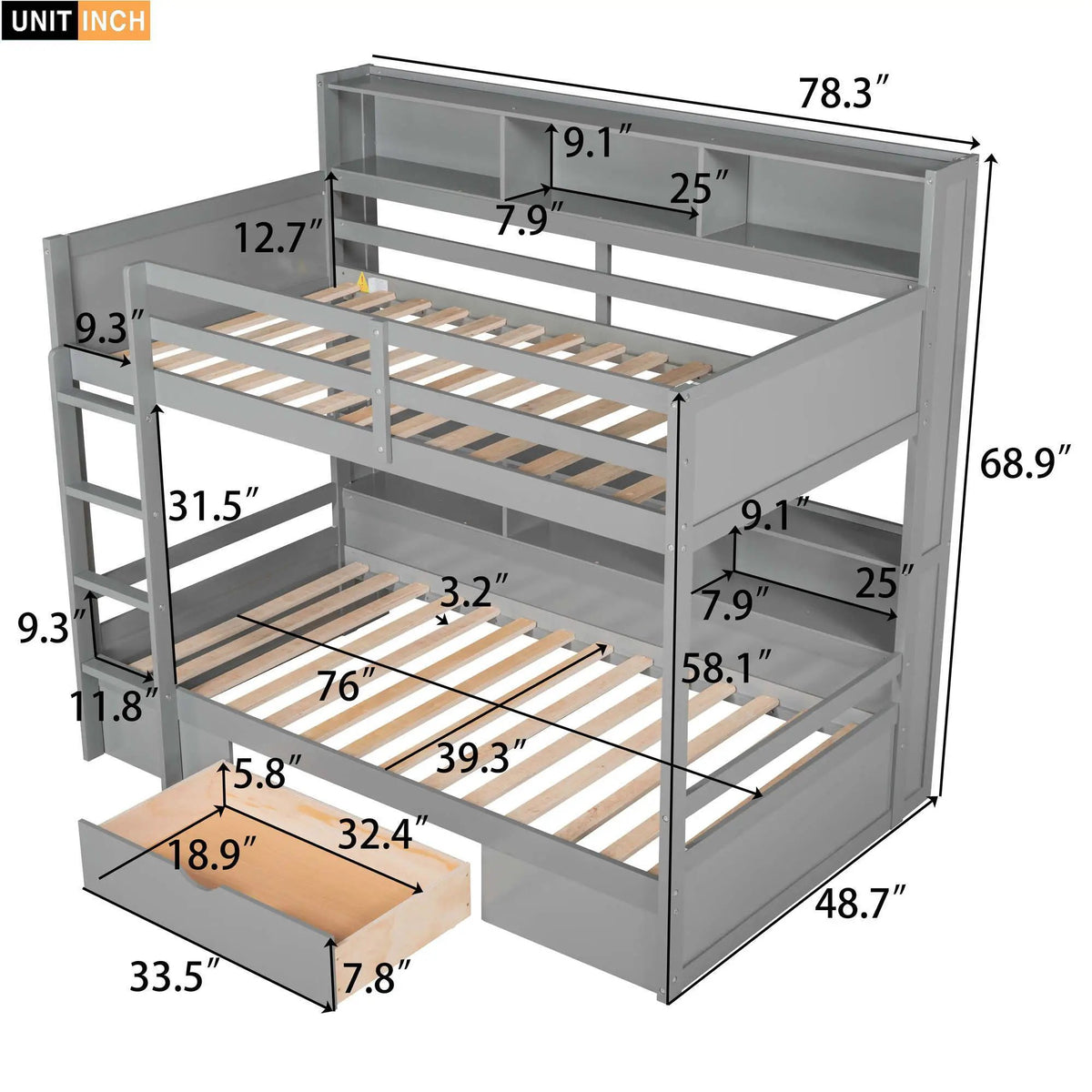 Wooden Twin Bunk Bed | Built-In Shelves | Storage Drawer