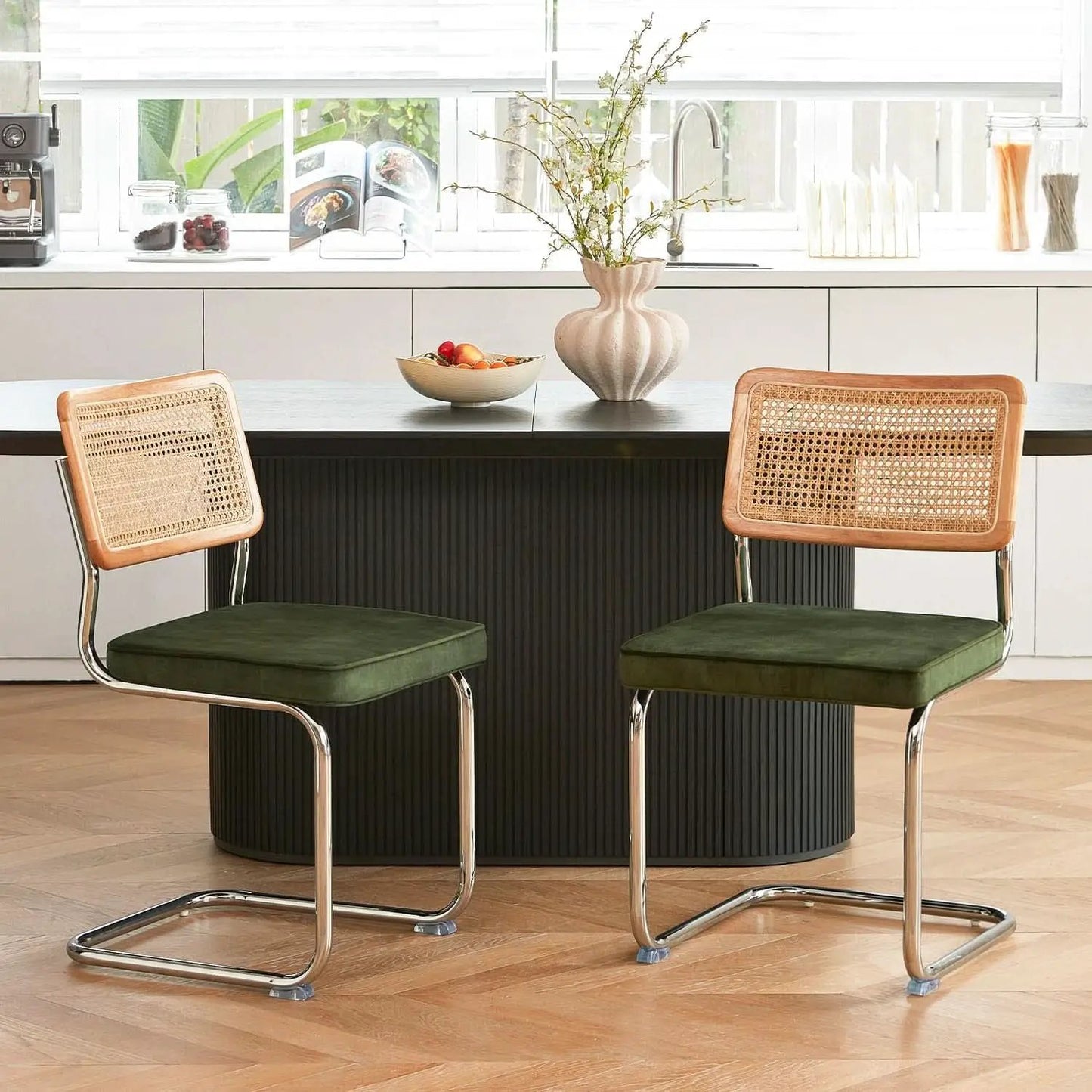Green Rattan Dining Chairs FourPiece ChromeFinish Set from PriceLows™