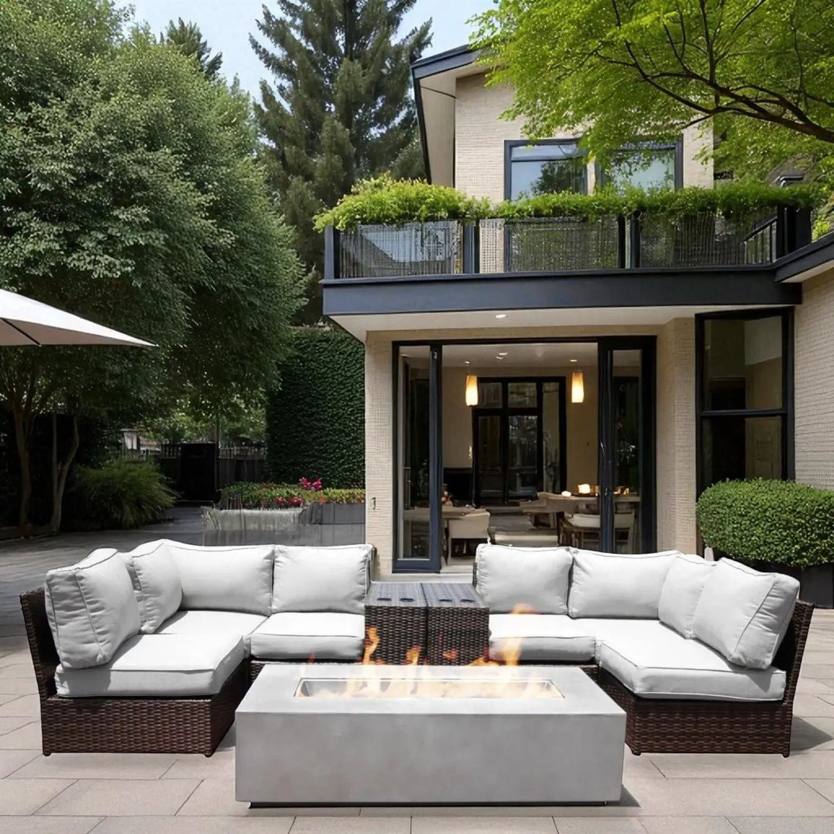 Outdoor Conversation Set | Fire Pit Included | 5 Inch Olefin Cushions | Espresso HDPE Wicker