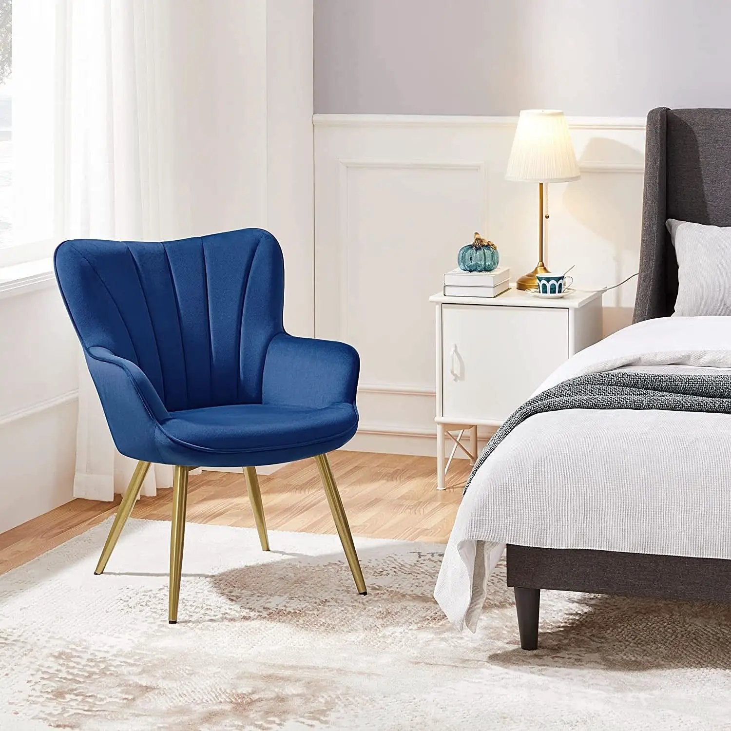Blue Velvet Wingback Chair With Metal Legs For Living Room from PriceLows™