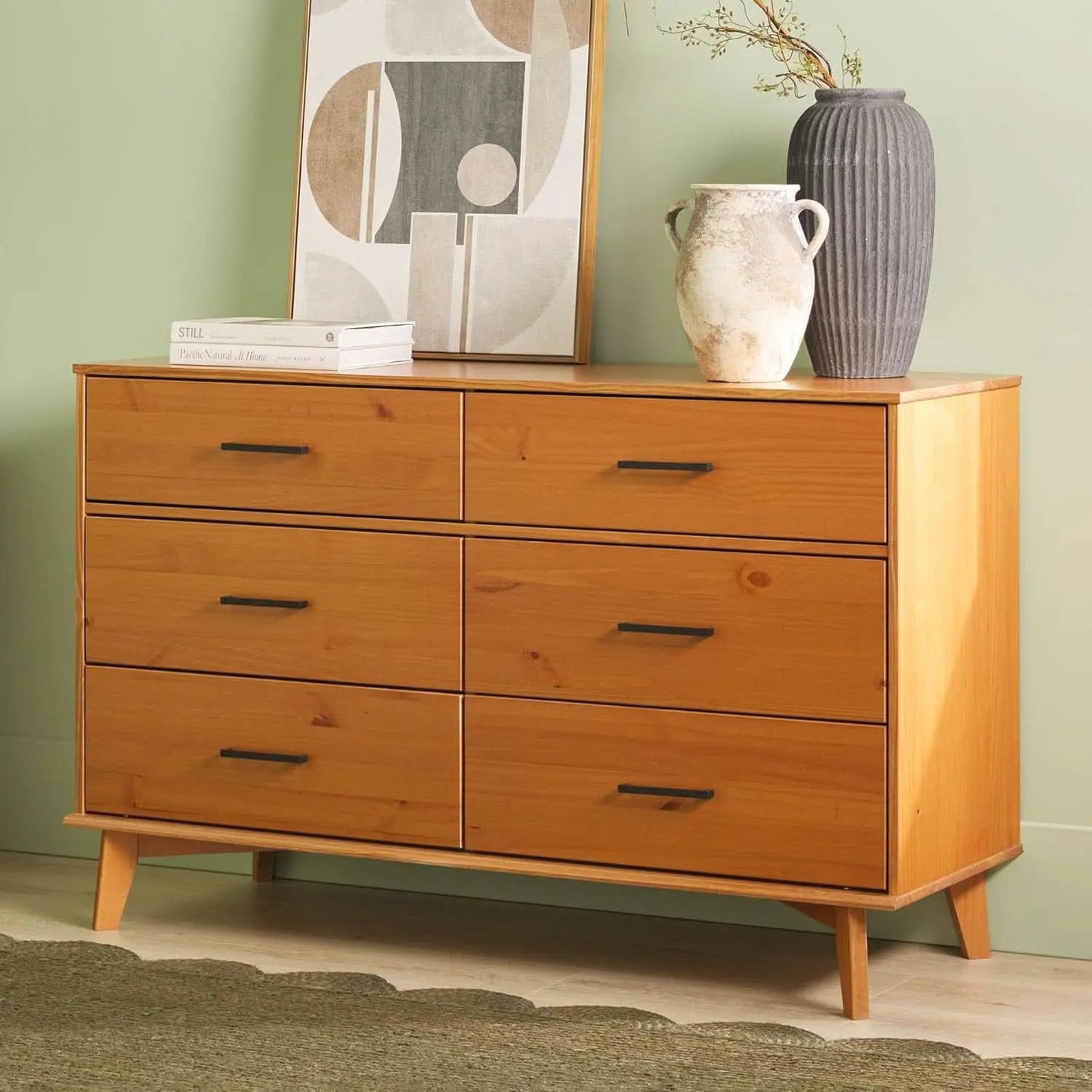 Walker Edision 6-Drawer Dresser In Solid Pine Wood With Metal Handles Caramel from PriceLows™