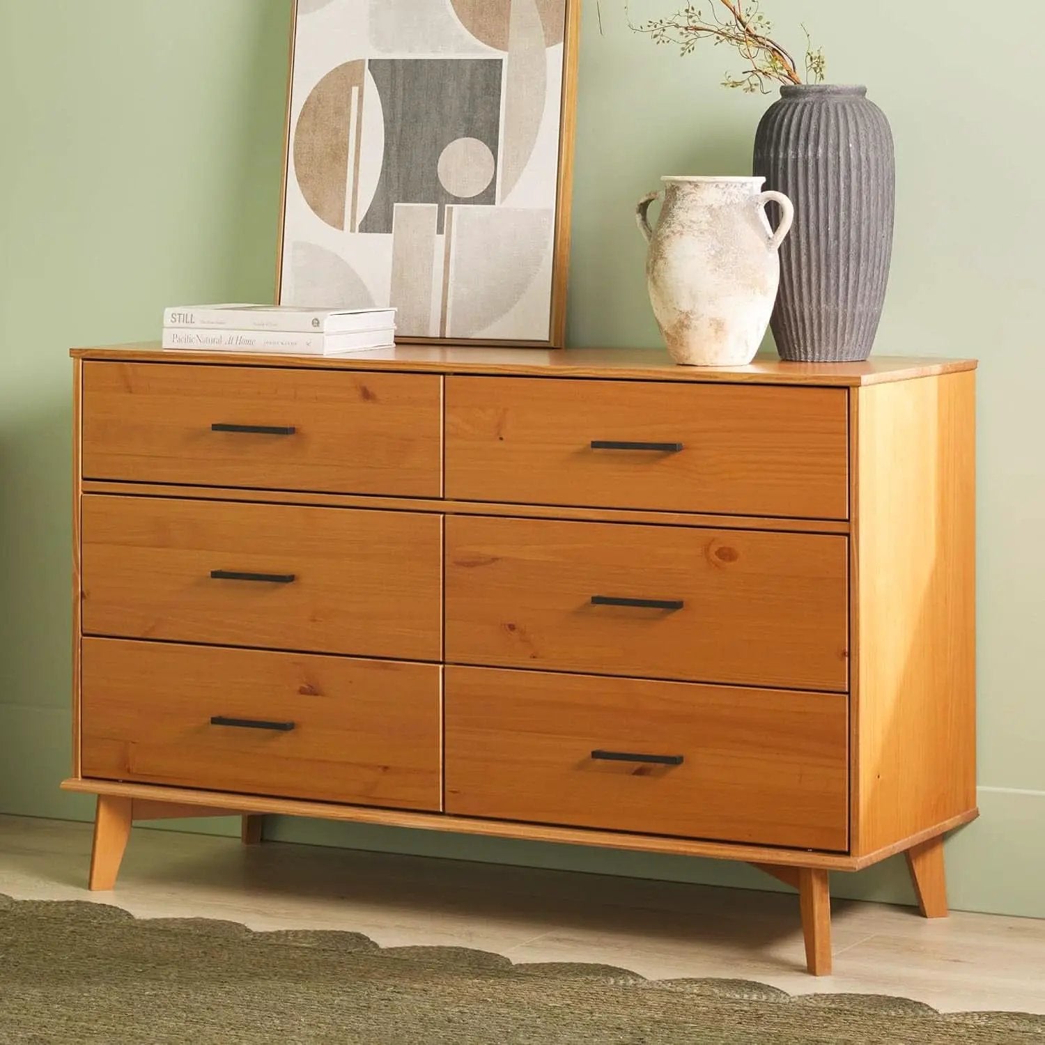 Walker Edision 6-Drawer Dresser In Solid Pine Wood With Metal Handles Caramel from PriceLows™