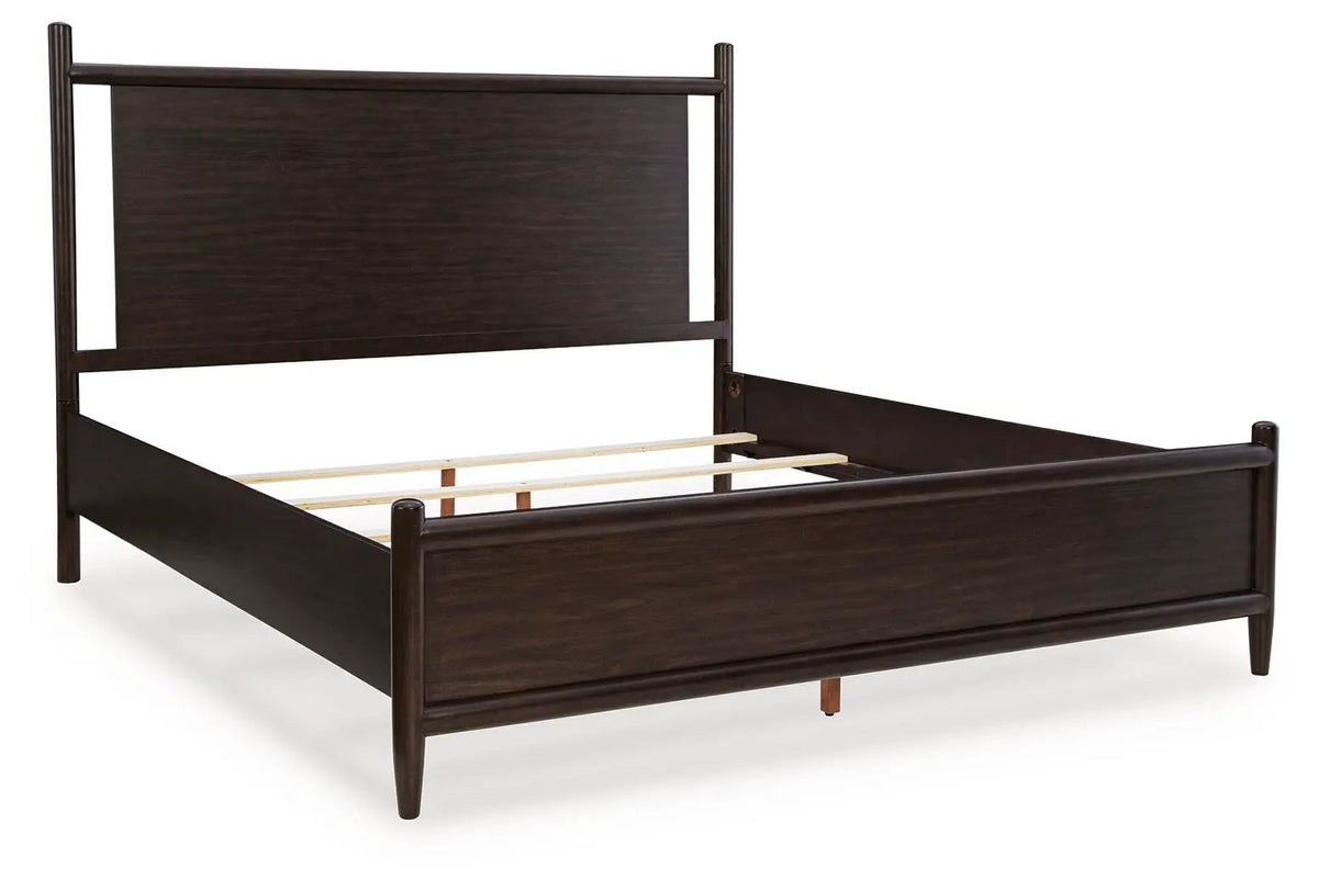 Dantenton Panel Bed | Rounded Wooden Frame | Rich Merlot Finish | Contemporary Mid-Century Style