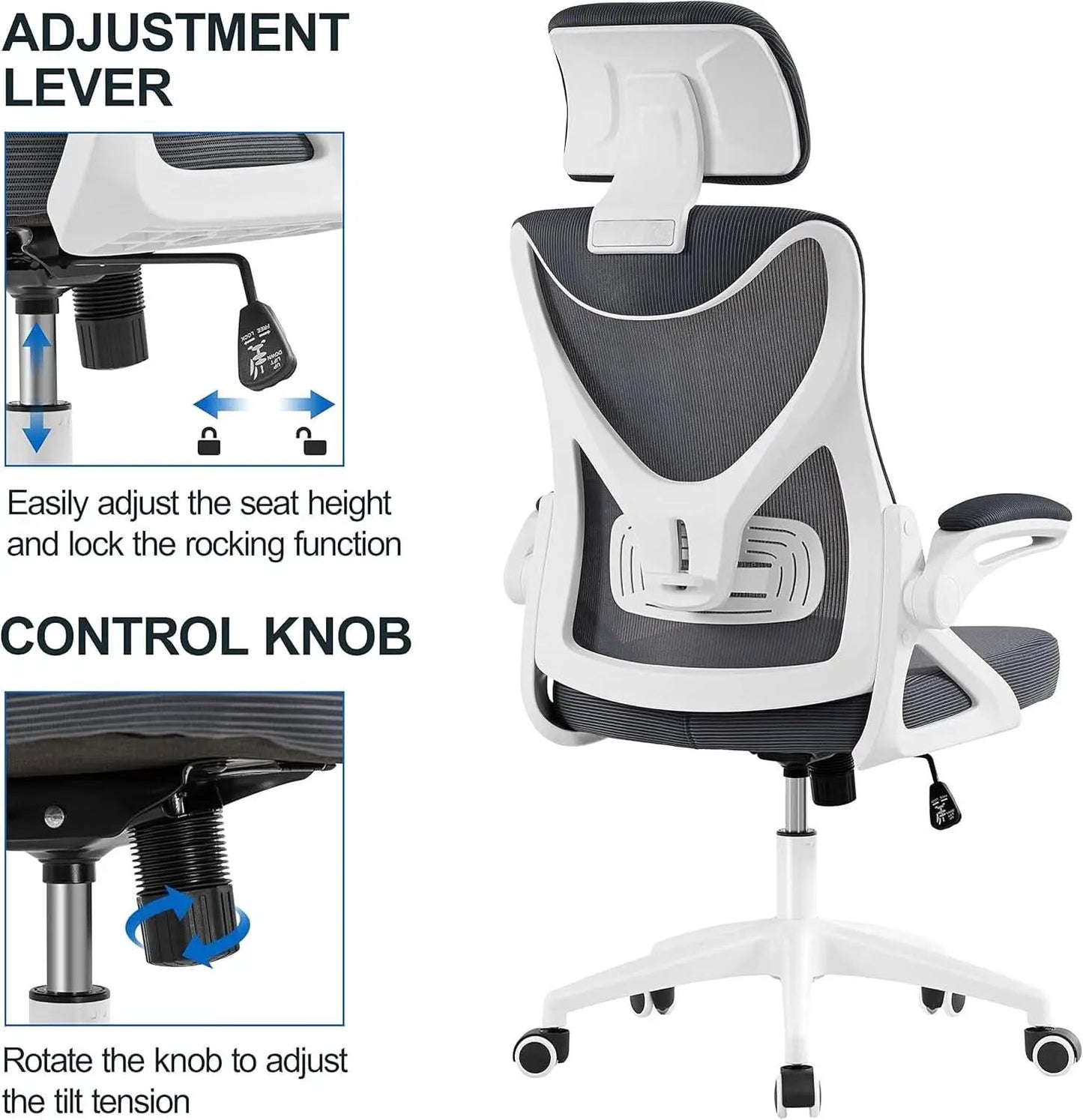 Ergonomic Mesh Office Chair White Gray With Flip Up Armrests from PriceLows™
