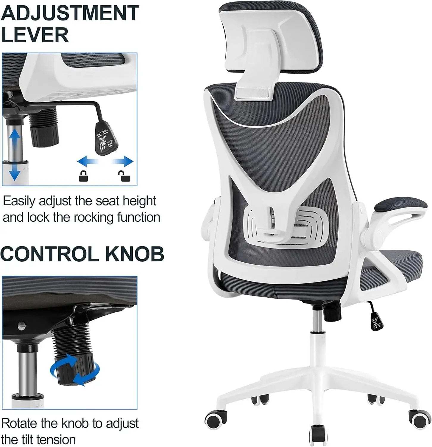 Ergonomic Mesh Office Chair White Gray With Flip Up Armrests from PriceLows™