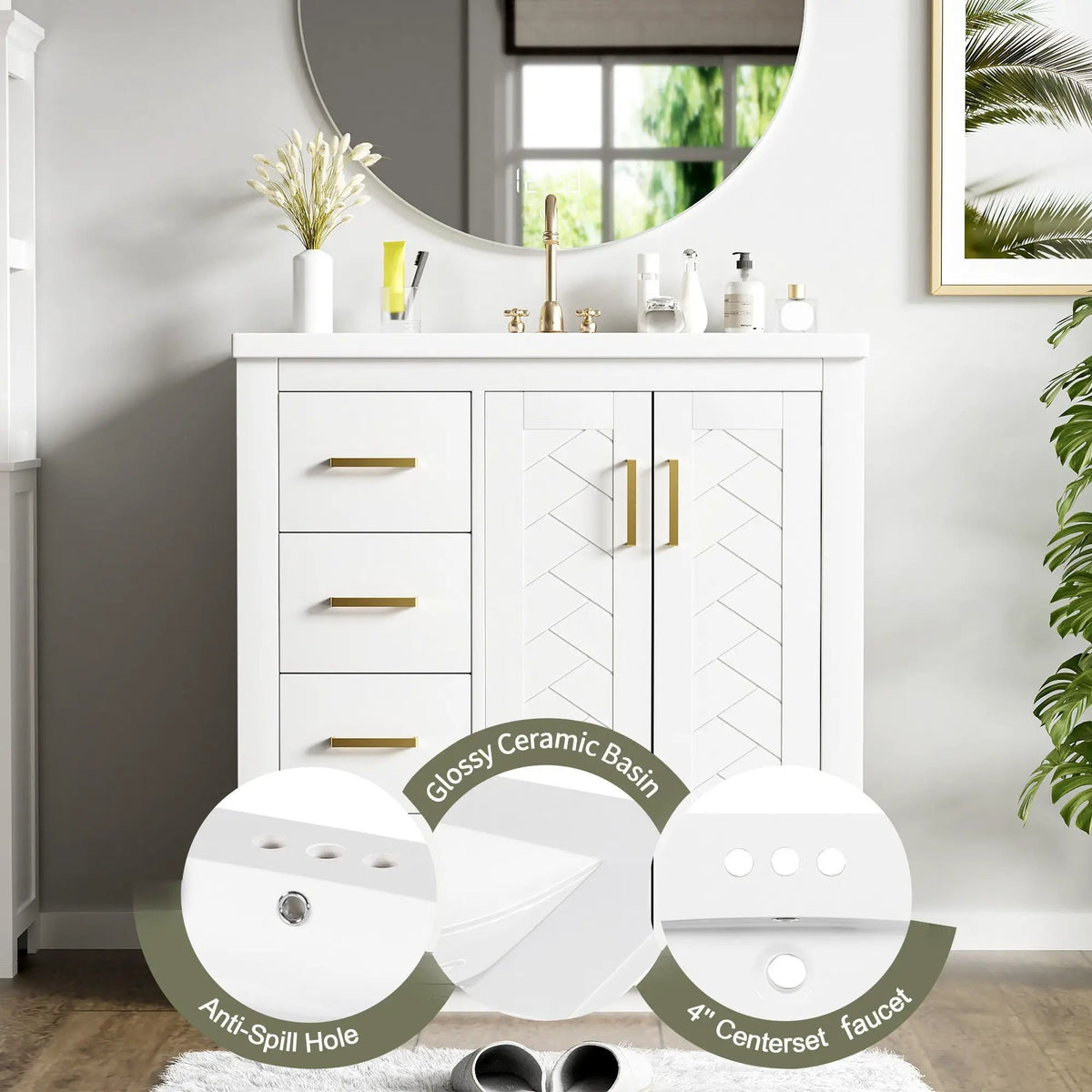 30 Inch Bathroom Vanity | 3 Drawers Soft Close | Solid Wood Ceramic Combo