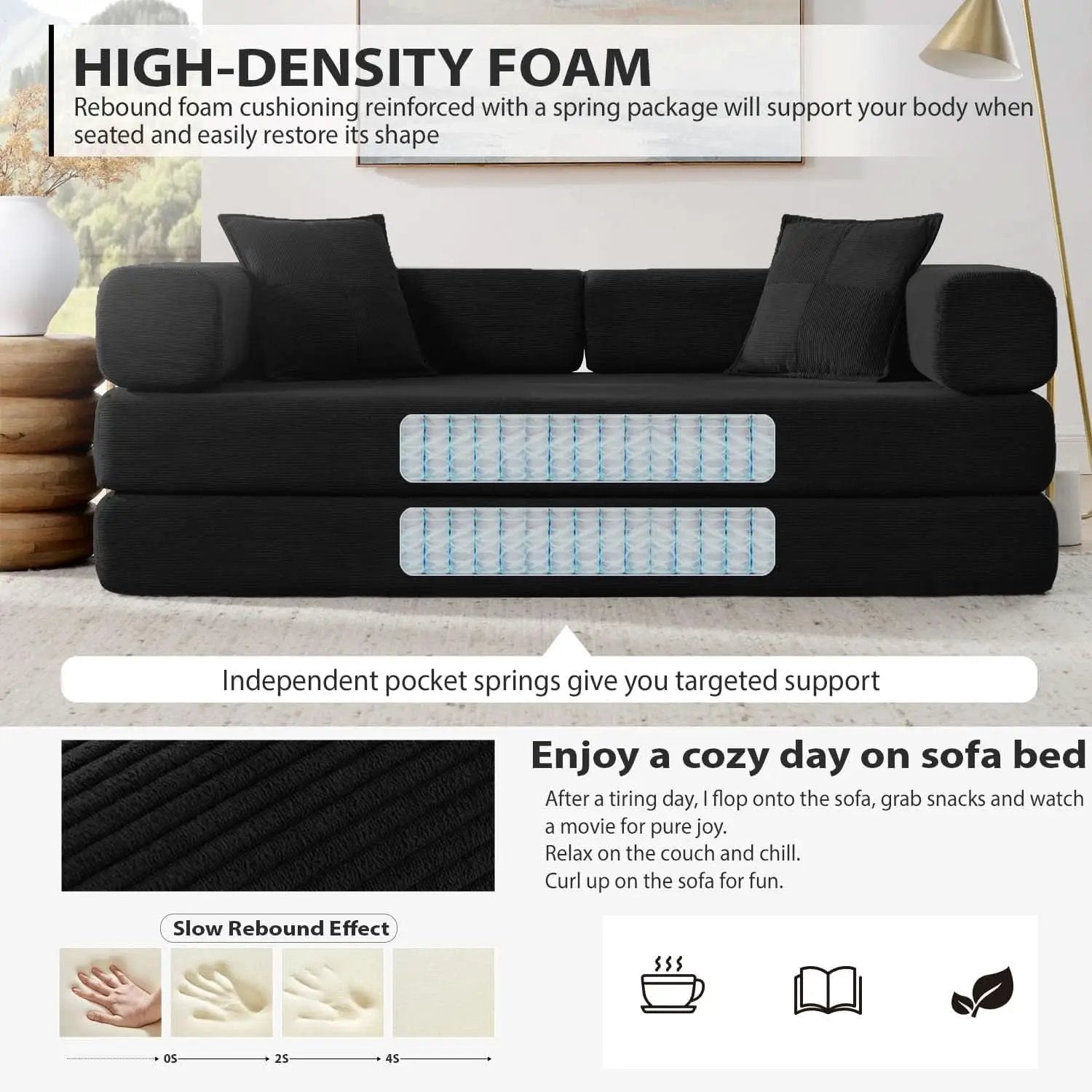 Corduroy 78Inch Multifunctional Convertible Sofa Bed Black from PriceLows™