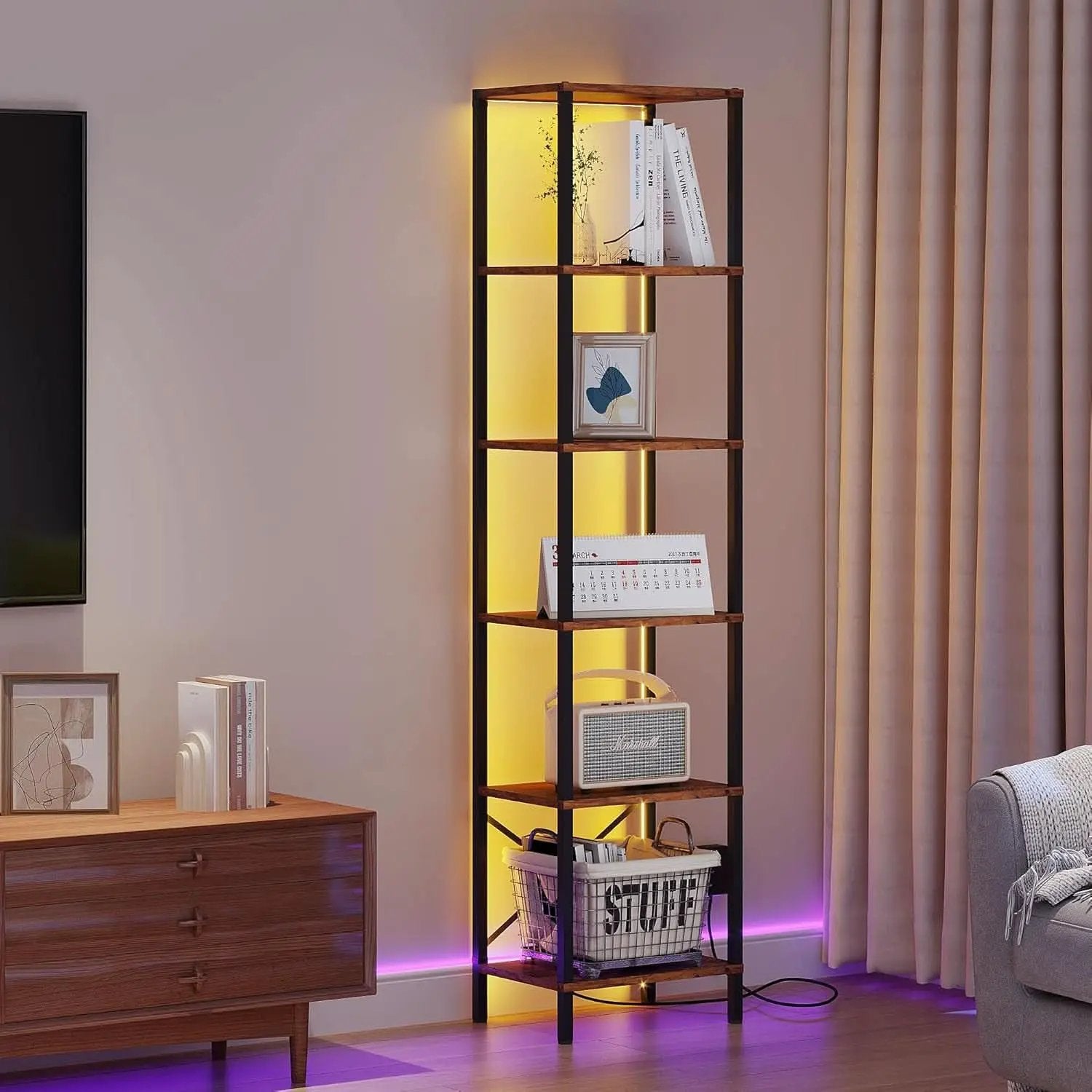 6 Tier Bookshelf With LED Lights In Rustic Brown Living Room from PriceLows™