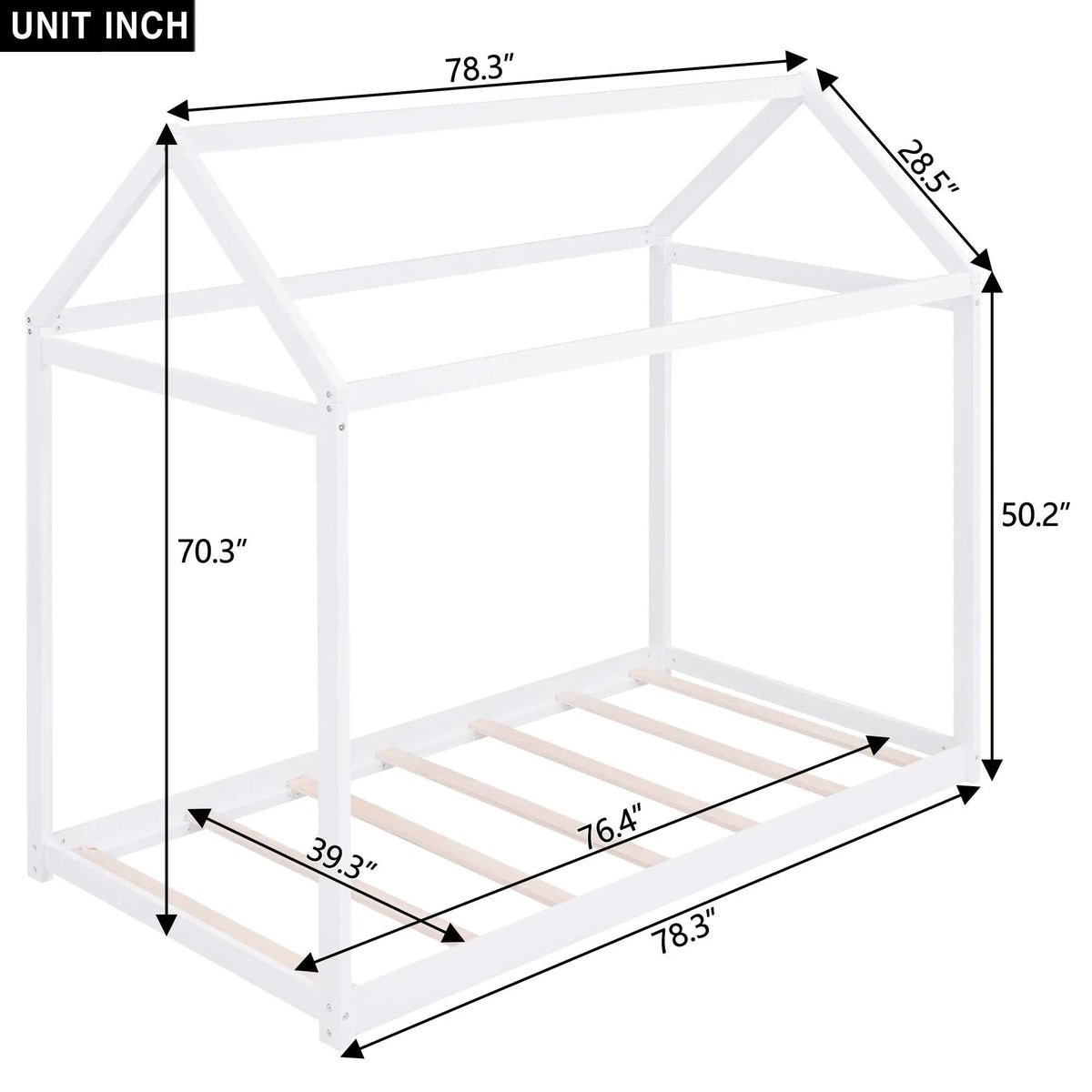 Wooden House Shaped Bed | Roof-Like Structure | Low Profile Design | 78.3 Inch Length