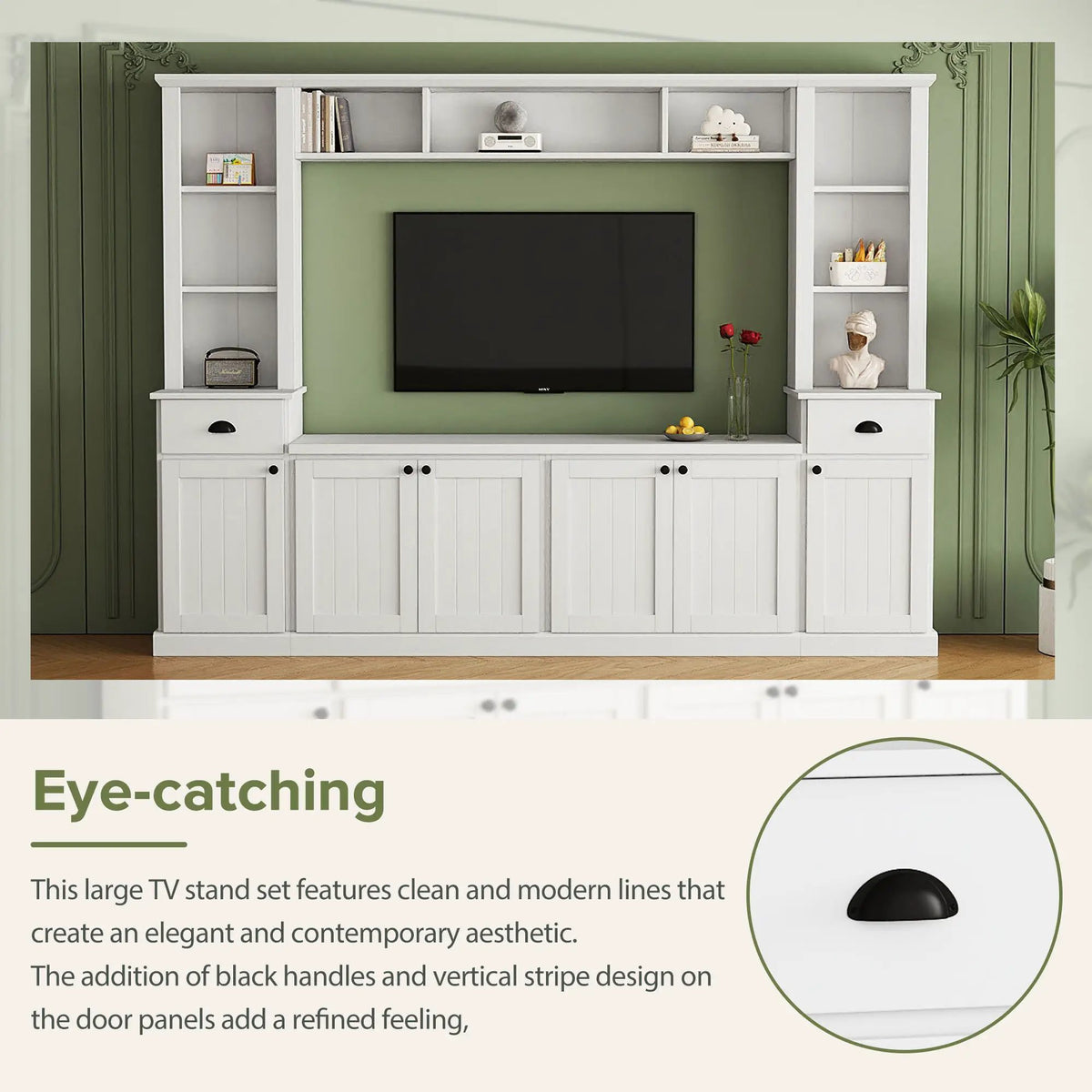 Minimalist Entertainment Wall Unit | Fits TVs Up To 75 Inch | Adjustable Bridge Height | Plank-Inspired Doors