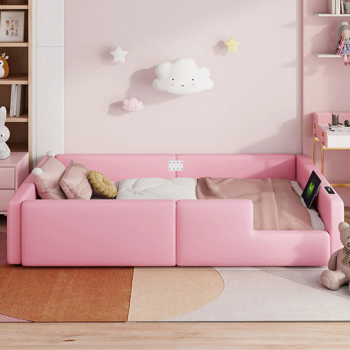 Platform Bed With Guardrail And Charging Station | 2 Pieces | Pine Wood | Bedroom