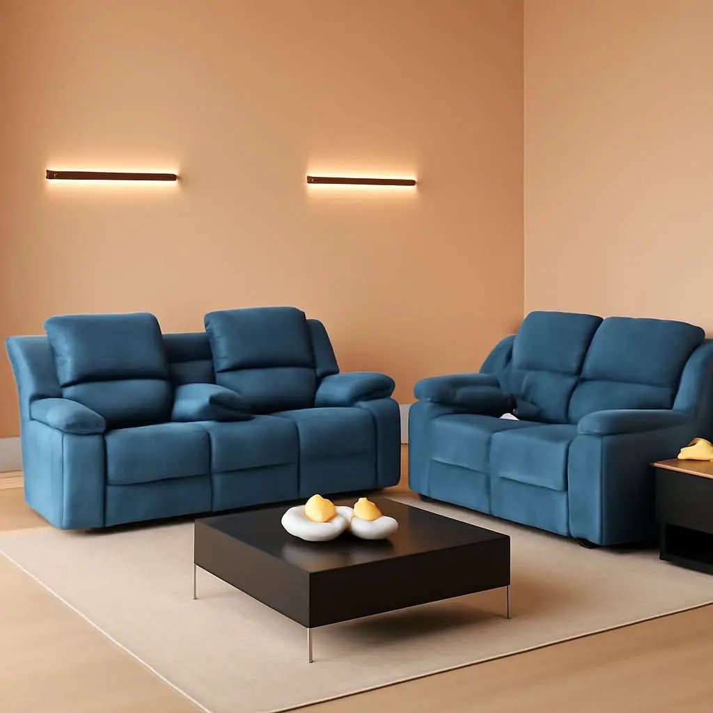 Blue Linen Recliner Sofa Set With Drop Down Table Storage from PriceLows™