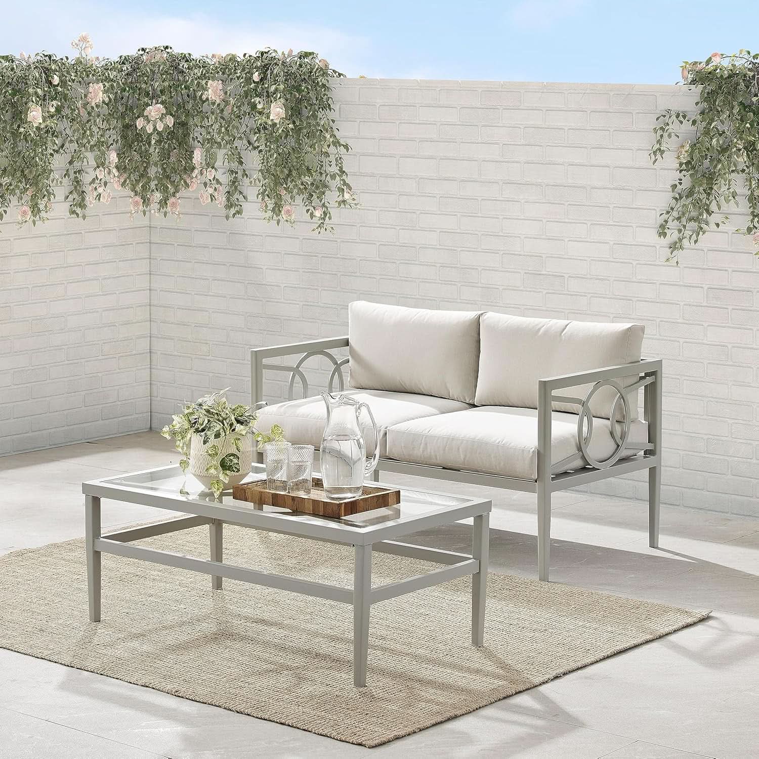 2 Piece Outdoor Coffee Table And Loveseat Set Gray Frame Creme Cushions from PriceLows™