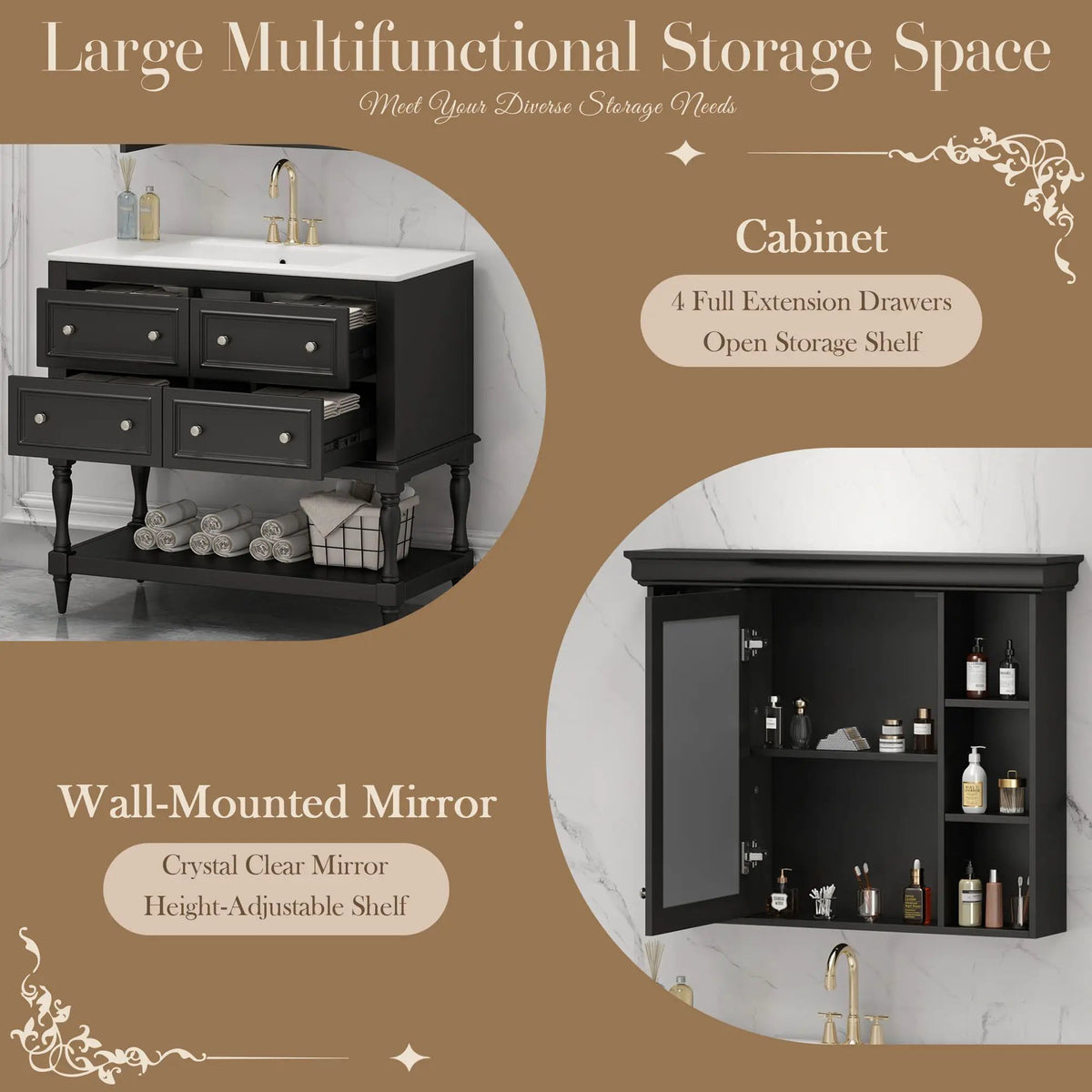 Bathroom Vanity With Medicine Cabinet | 4 Extension Drawers | Adjustable Shelf Mirror | Solid Wood Frame