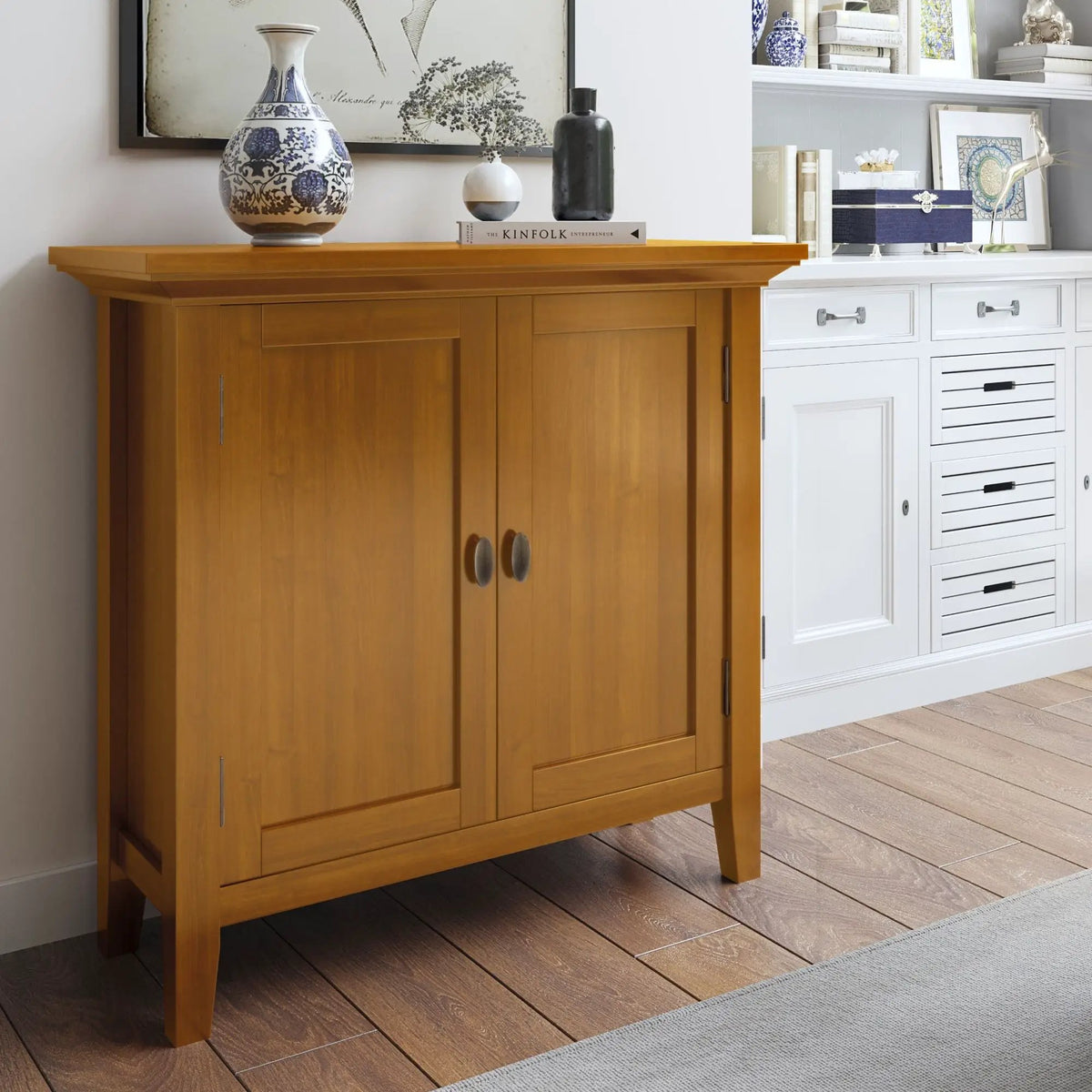 Redmond Low Storage Cabinet | Handcrafted Solid Wood | Tapered Legs | Two Adjustable Shelves