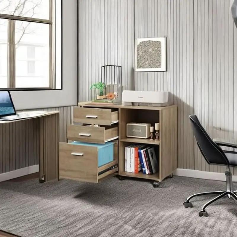 Three Drawer Mobile File Cabinet In Gray Oak With Open Shelves Printer Stand For Home Office from PriceLows™
