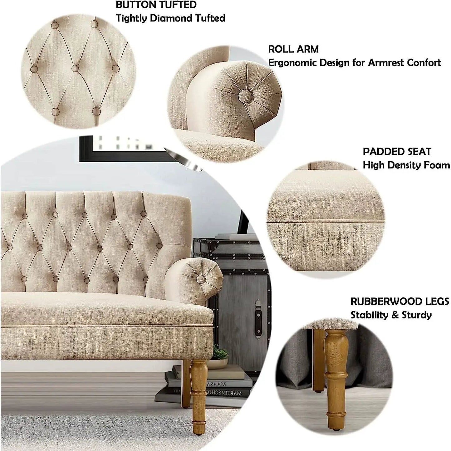Warm Beige Tufted Linen Love Seat For Small Spaces from PriceLows™