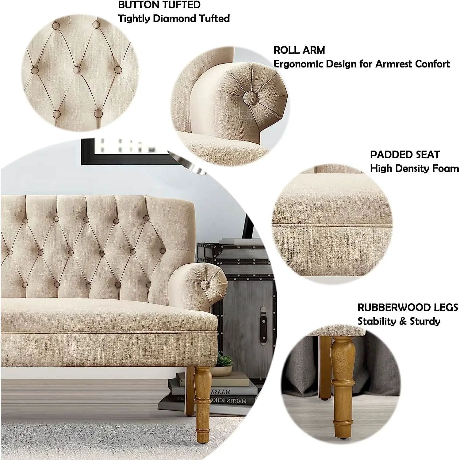 Warm Beige Tufted Linen Love Seat For Small Spaces from PriceLows™