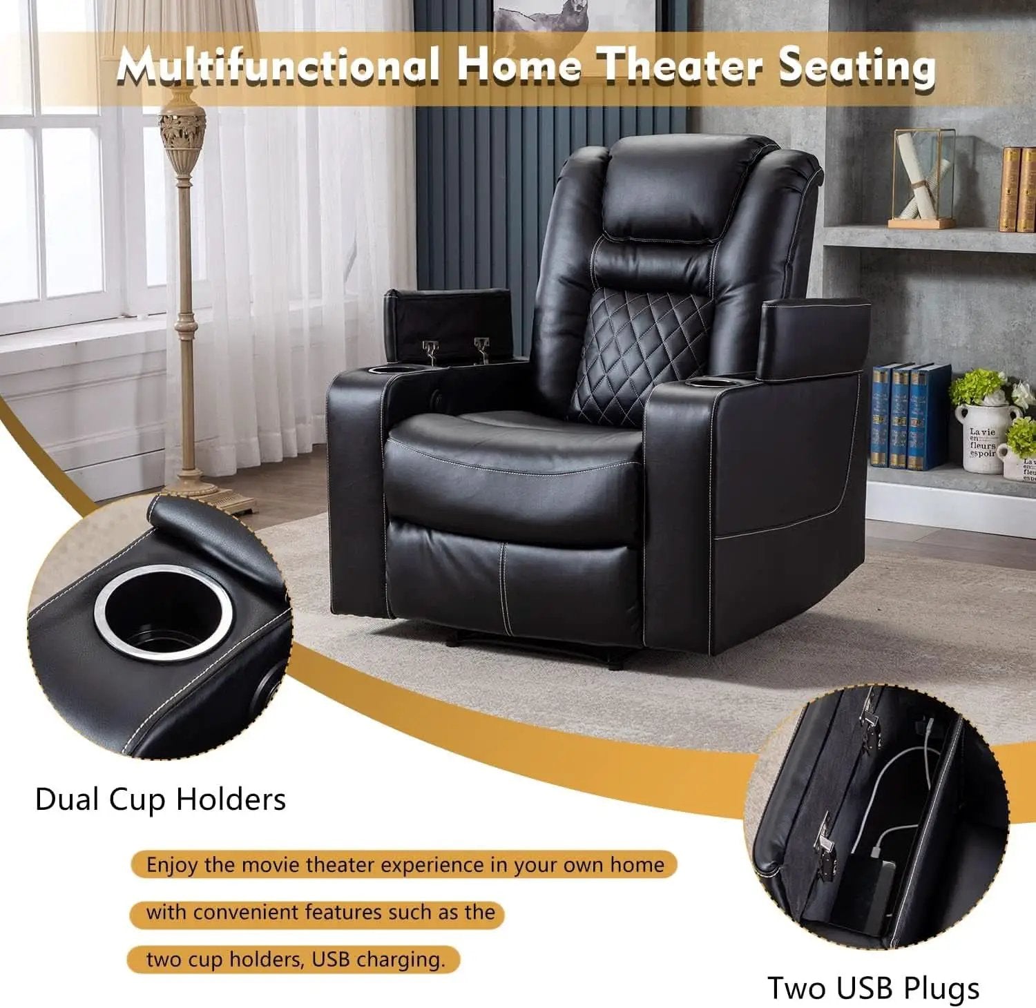 Black Leather Power Recliner With Usb And Cup Holders from PriceLows™
