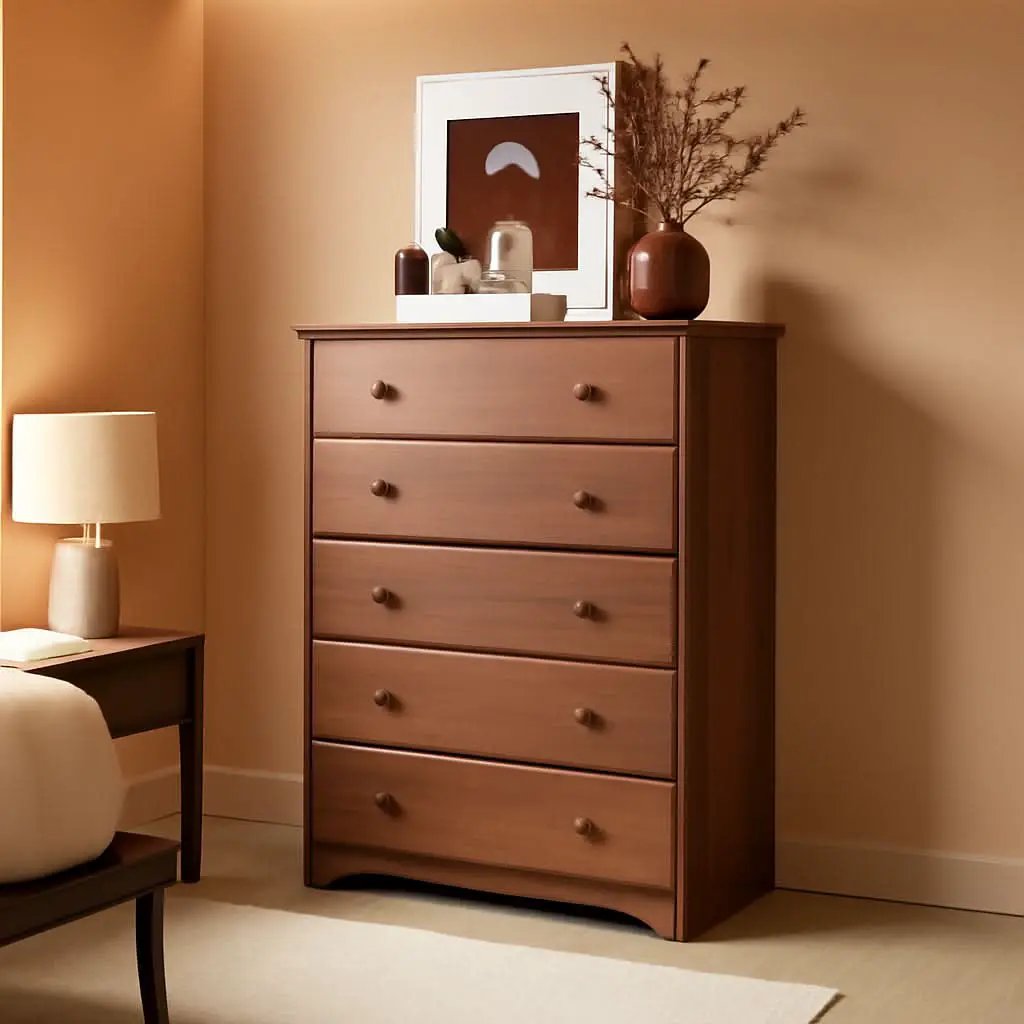 SolidPineWood Contemporary Five Drawer Dresser Mocha Finish from PriceLows™
