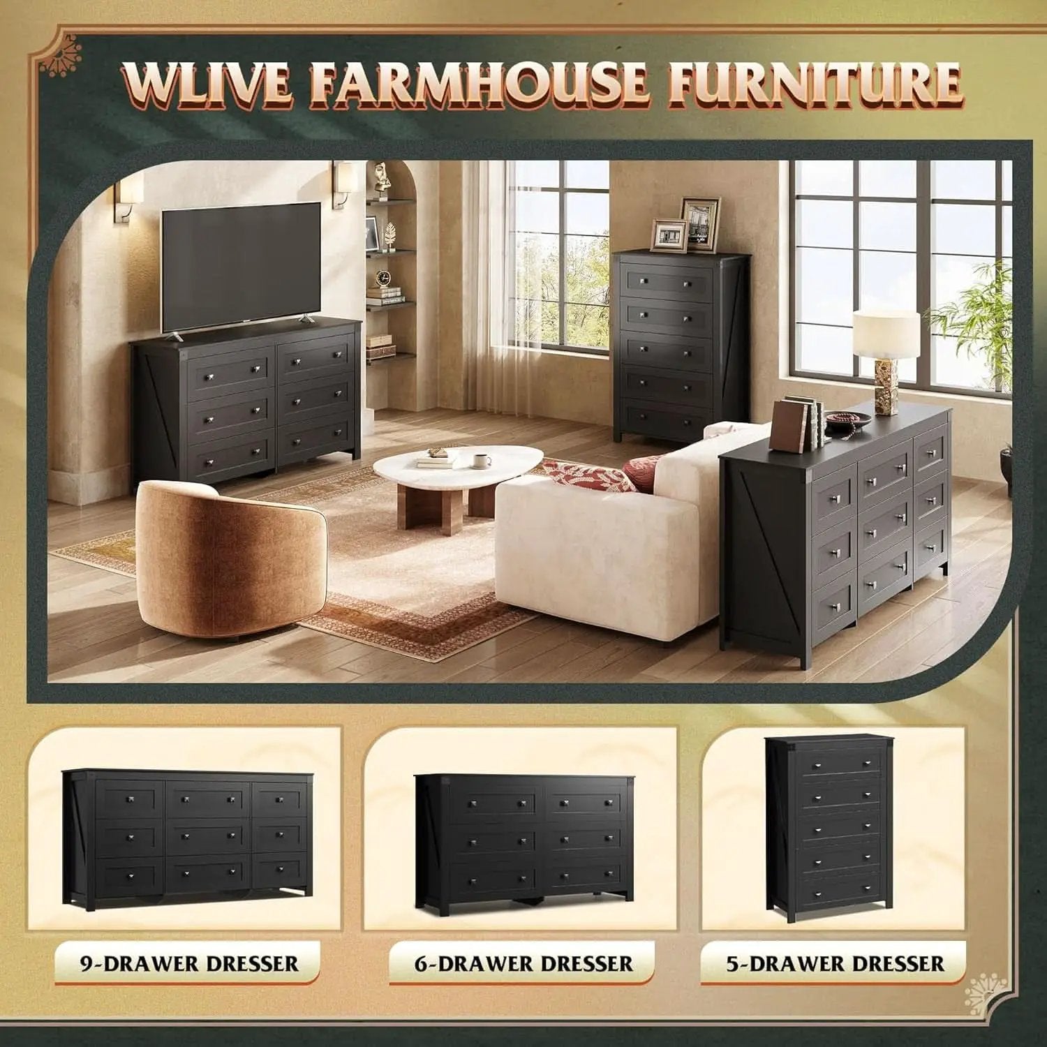 Farmhouse Tall Black Walnutstain Dresser With Drawers from PriceLows™