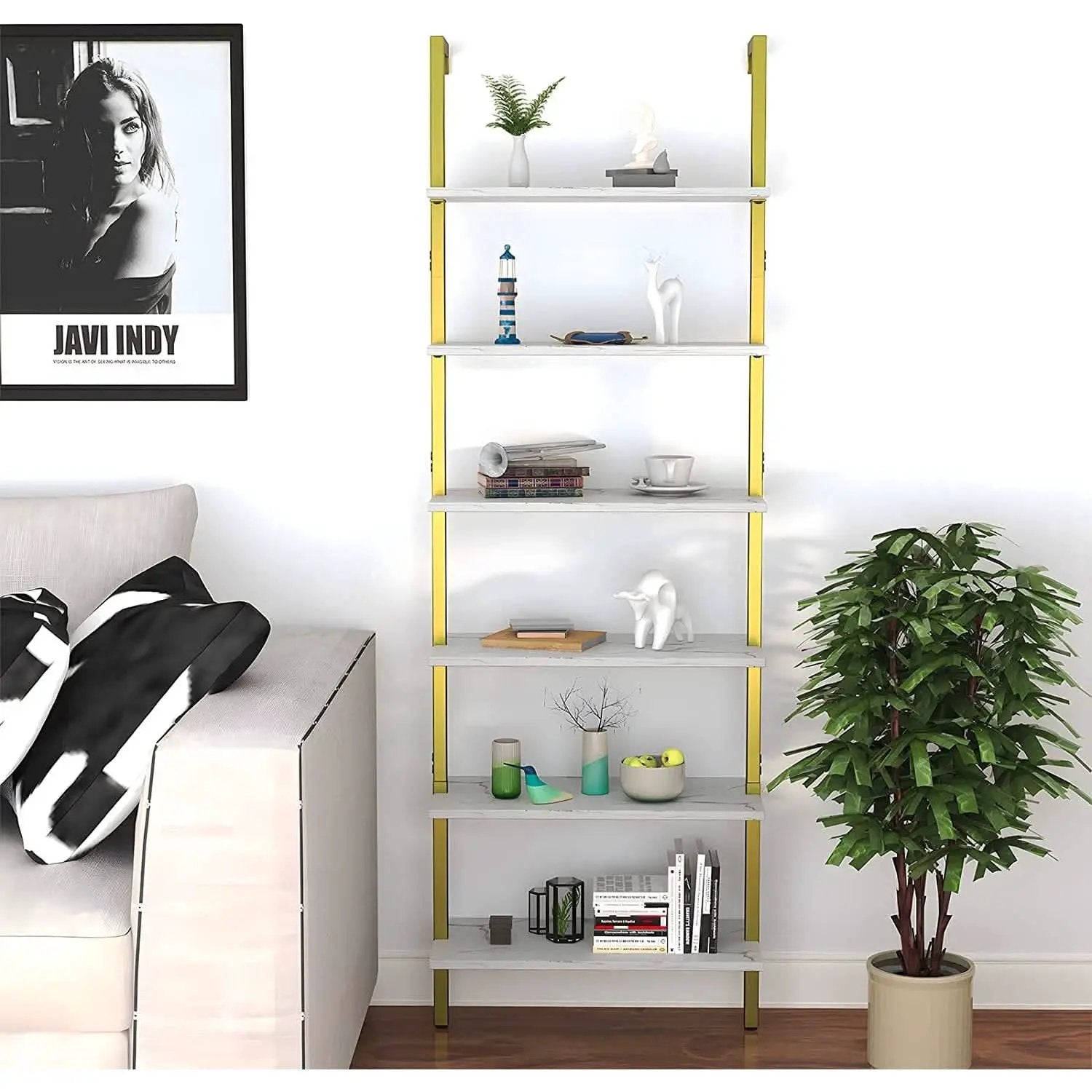 Marble White 6 Tier Ladder Shelf Bookcase Wall Mounted from PriceLows™