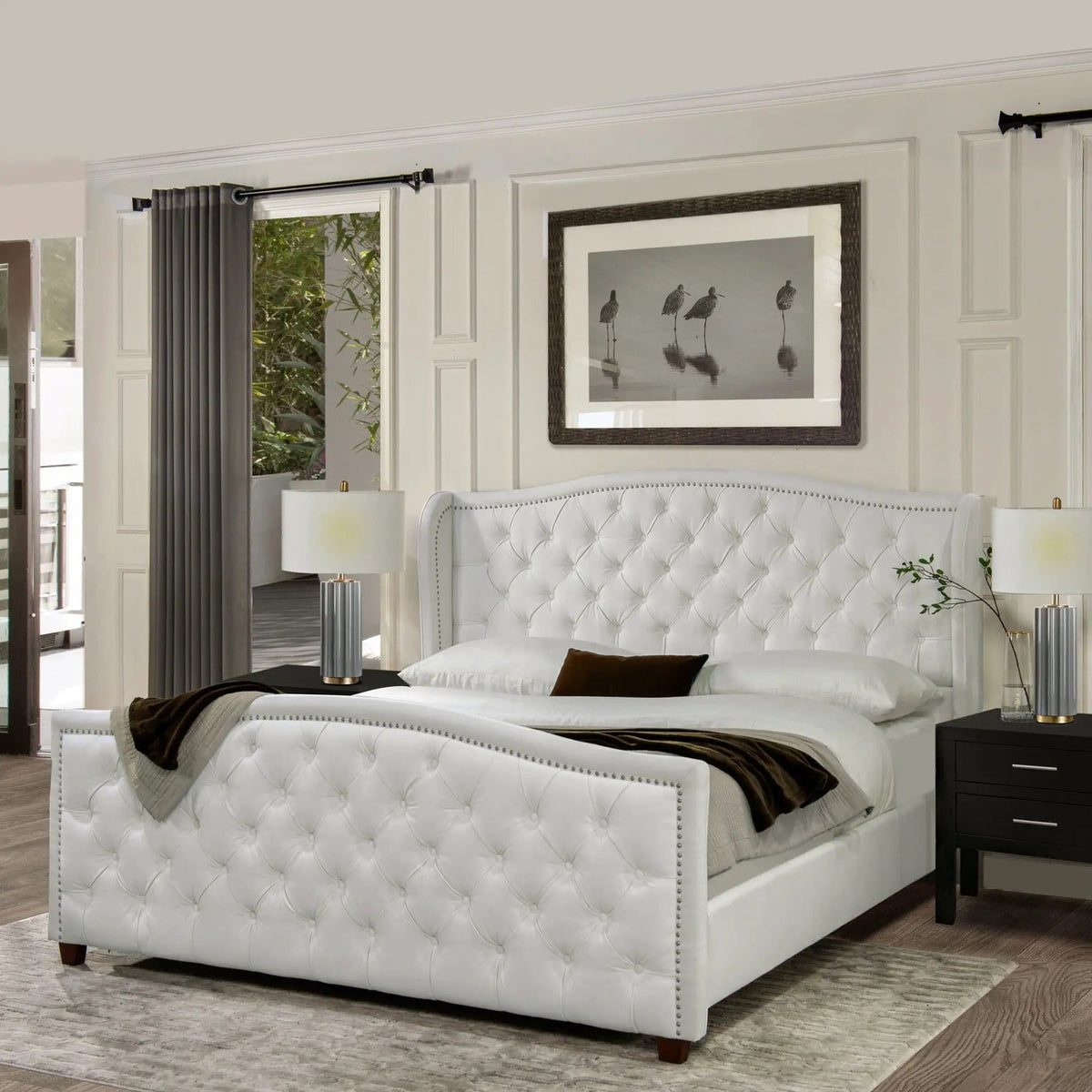 Marcella Upholstered Shelter Headboard Bed | 5 Pieces | Fabric & Iron | Bedroom