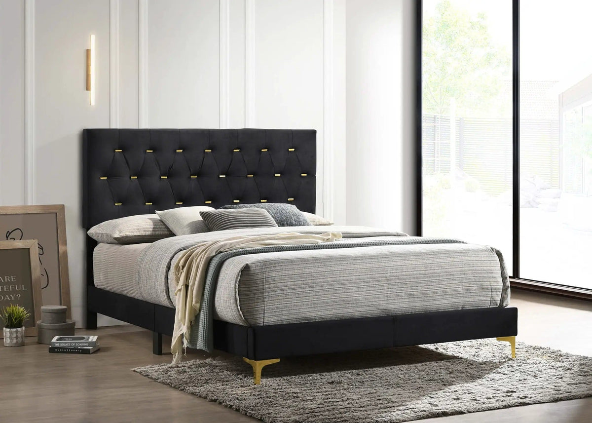 Kendall Upholstered Queen Panel Bed | 64.25 x 87 x 49.25 in | Velvet | Black